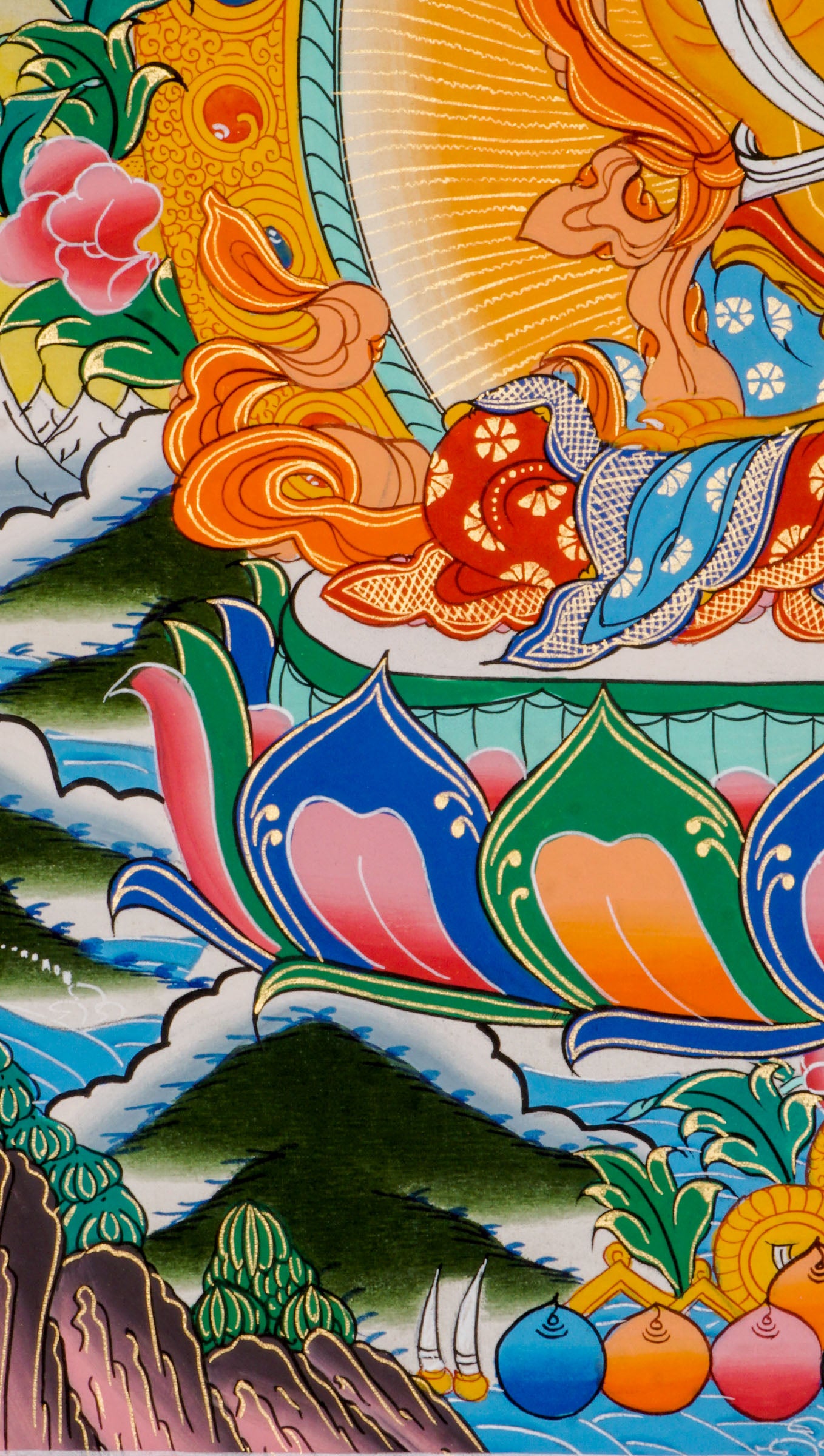 Manjushree Thangka - Hand-painted beautiful thangka art showcasing Manjushree holding a flaming sword using 24k gold and natural pigments in Nepal.