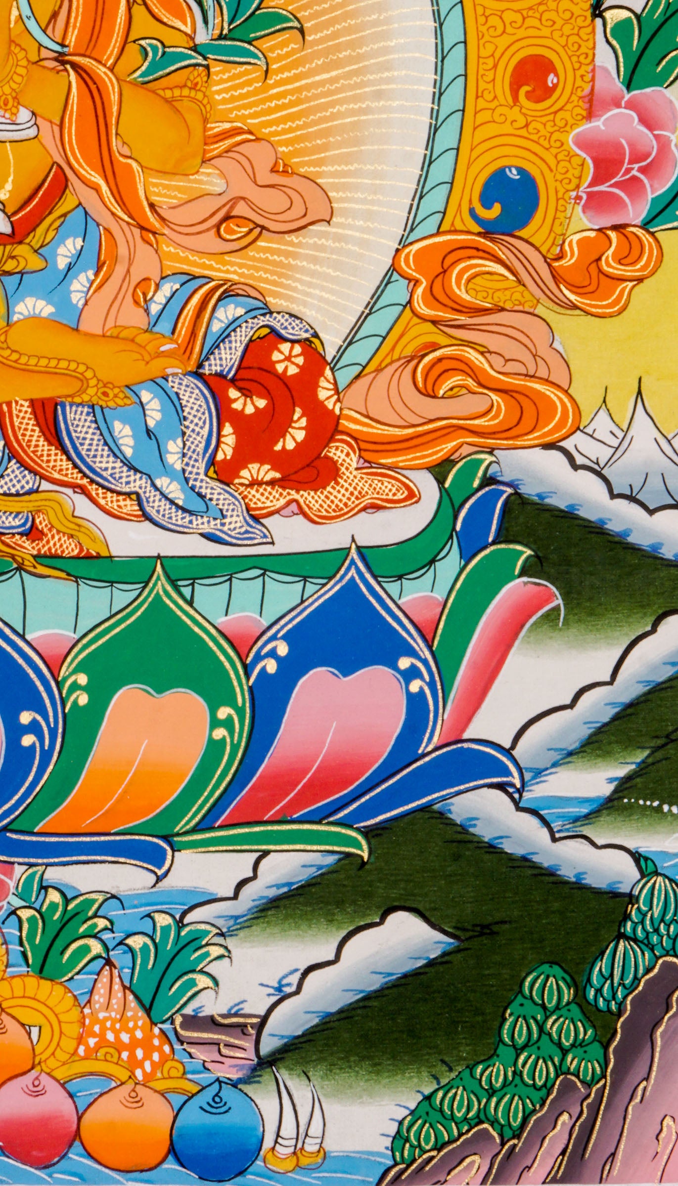 Manjushree Thangka - Hand-painted beautiful thangka art showcasing Manjushree holding a flaming sword using 24k gold and natural pigments in Nepal.