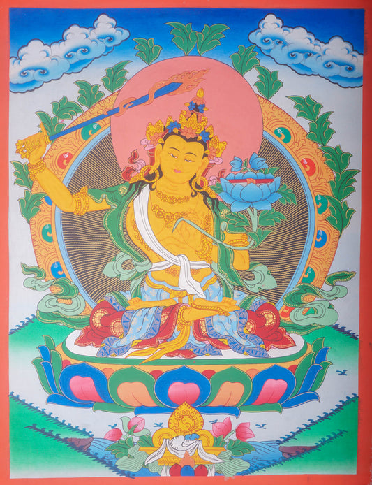 Handmade Thangka Painting of Manjushri embodies the essence of wisdom that dispels the darkness of ignorance