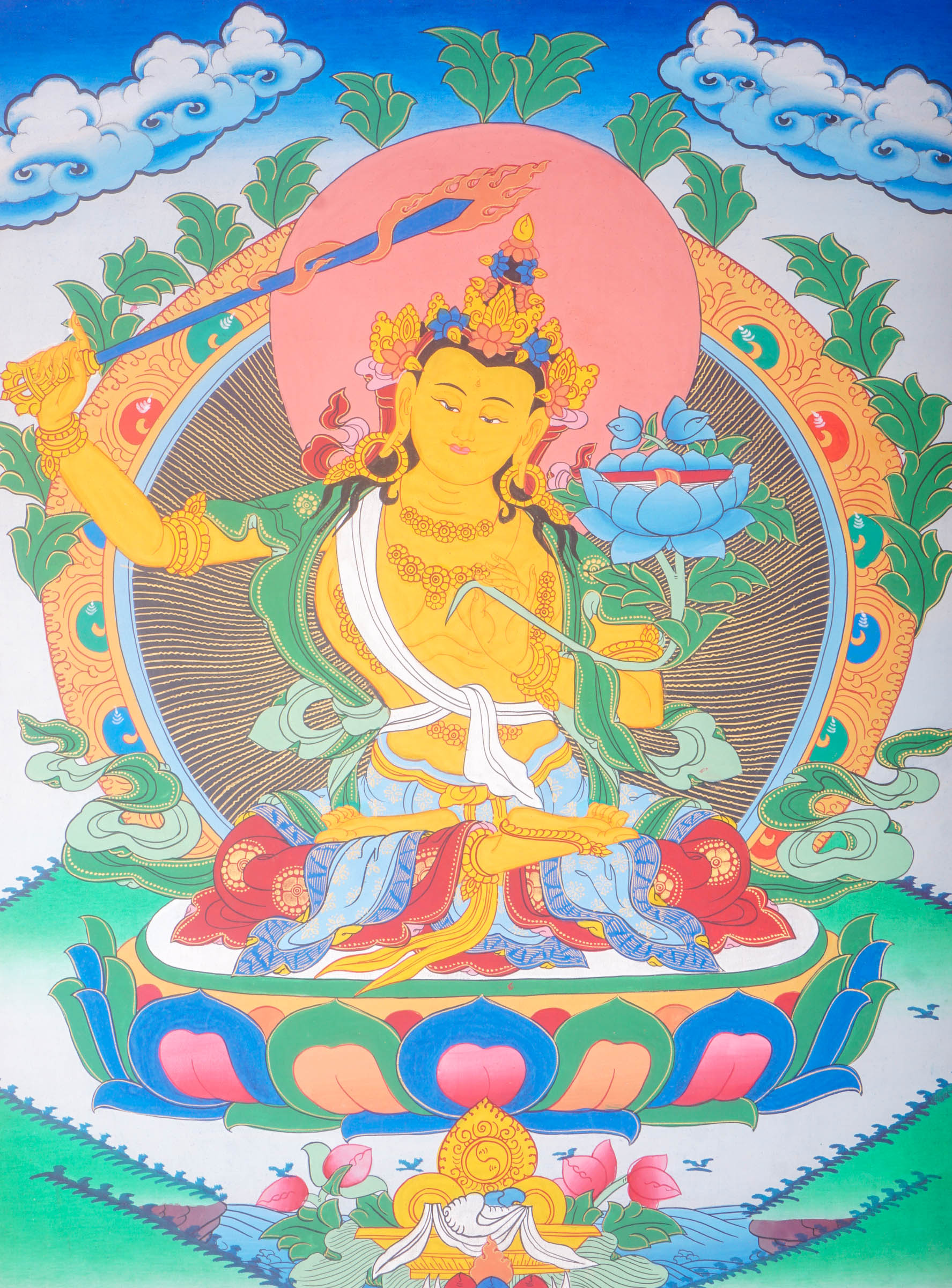 Handmade Thangka Painting of Manjushri embodies the essence of wisdom that dispels the darkness of ignorance