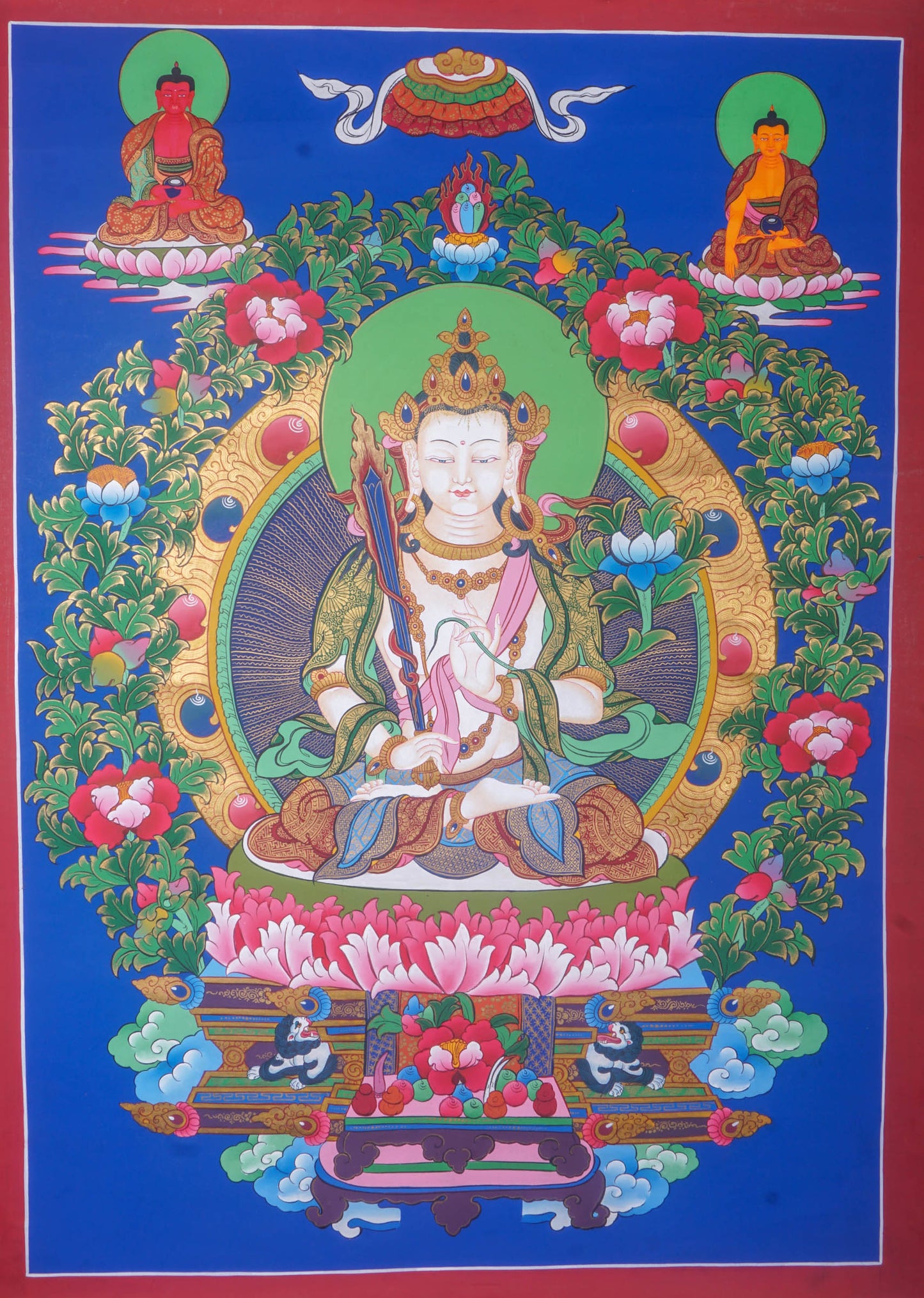 Handmade Thangka Painting of Manjushri embodies the essence of wisdom that dispels the darkness of ignorance