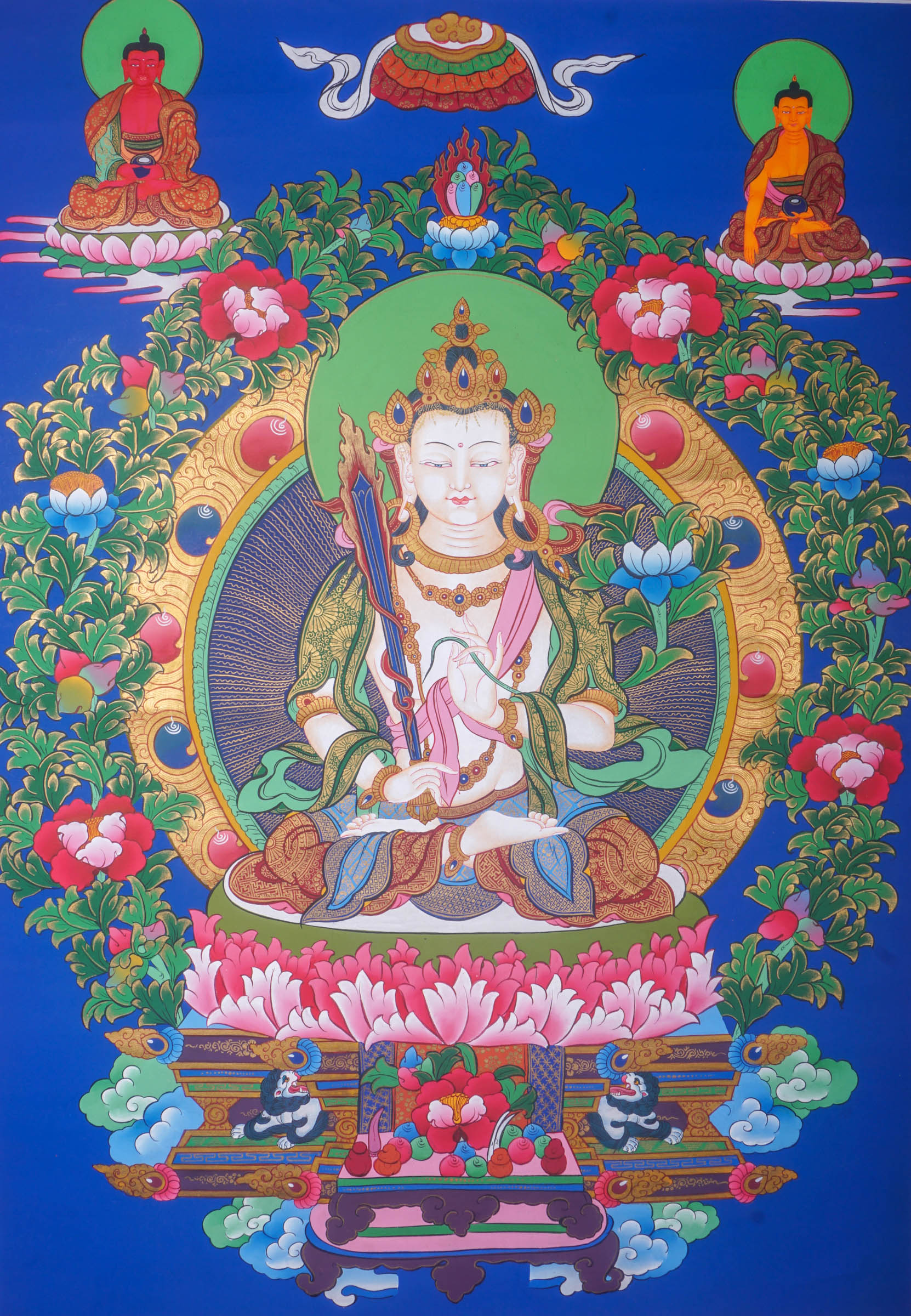 Handmade Thangka Painting of Manjushri embodies the essence of wisdom that dispels the darkness of ignorance