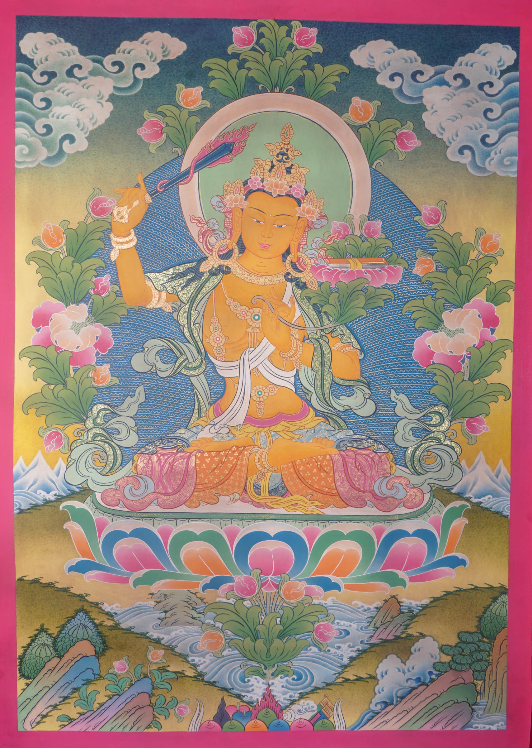 This genuine Tibetan Thangka of Manjushri features the Bodhisattva of wisdom holding a sword and scripture, symbolizing the cutting of ignorance and mastery of Buddhist teachings. Hand-painted with natural mineral pigments, this Buddhist artwork embodies clarity, insight, and spiritual guidance.