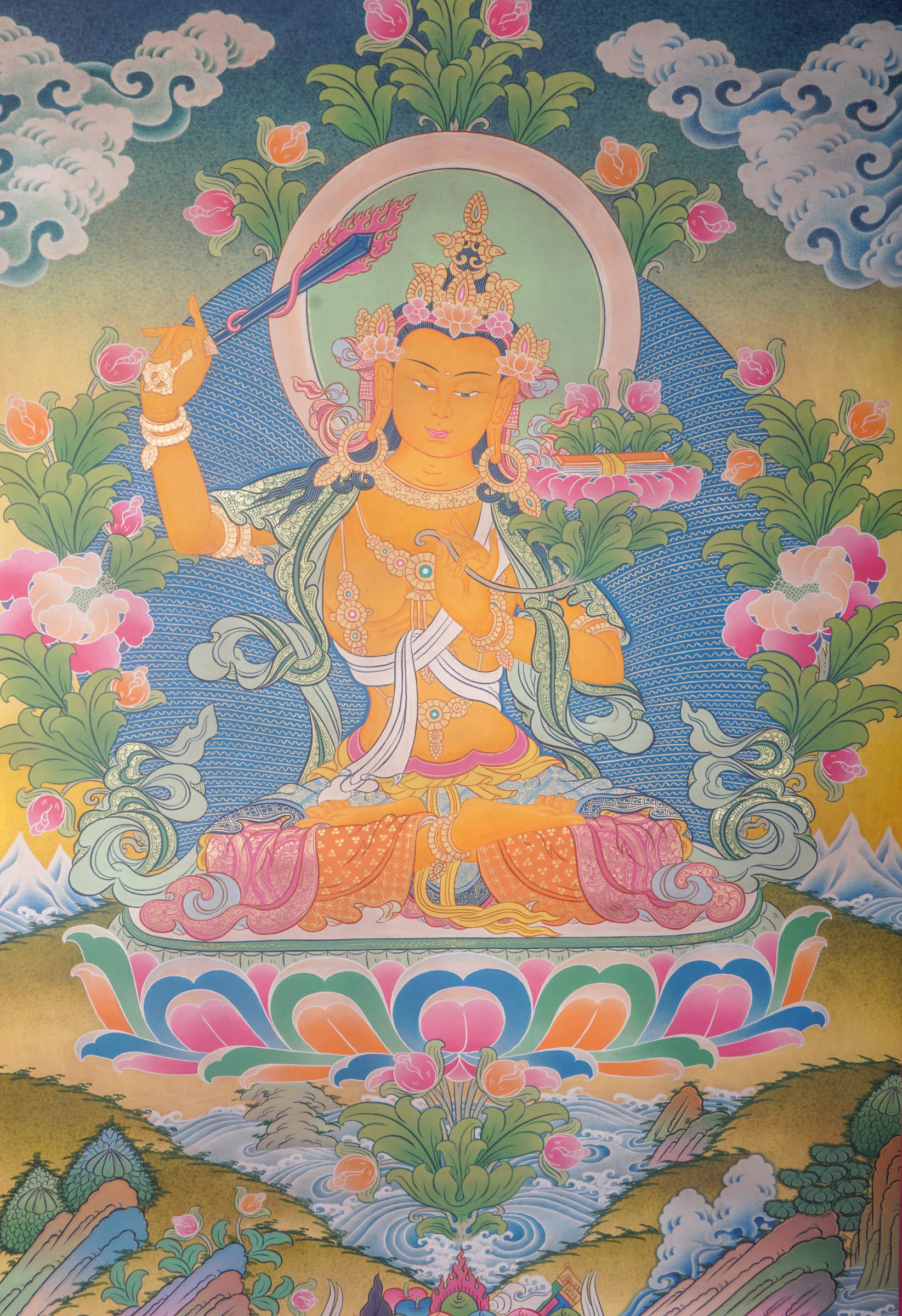 This genuine Tibetan Thangka of Manjushri features the Bodhisattva of wisdom holding a sword and scripture, symbolizing the cutting of ignorance and mastery of Buddhist teachings. Hand-painted with natural mineral pigments, this Buddhist artwork embodies clarity, insight, and spiritual guidance.