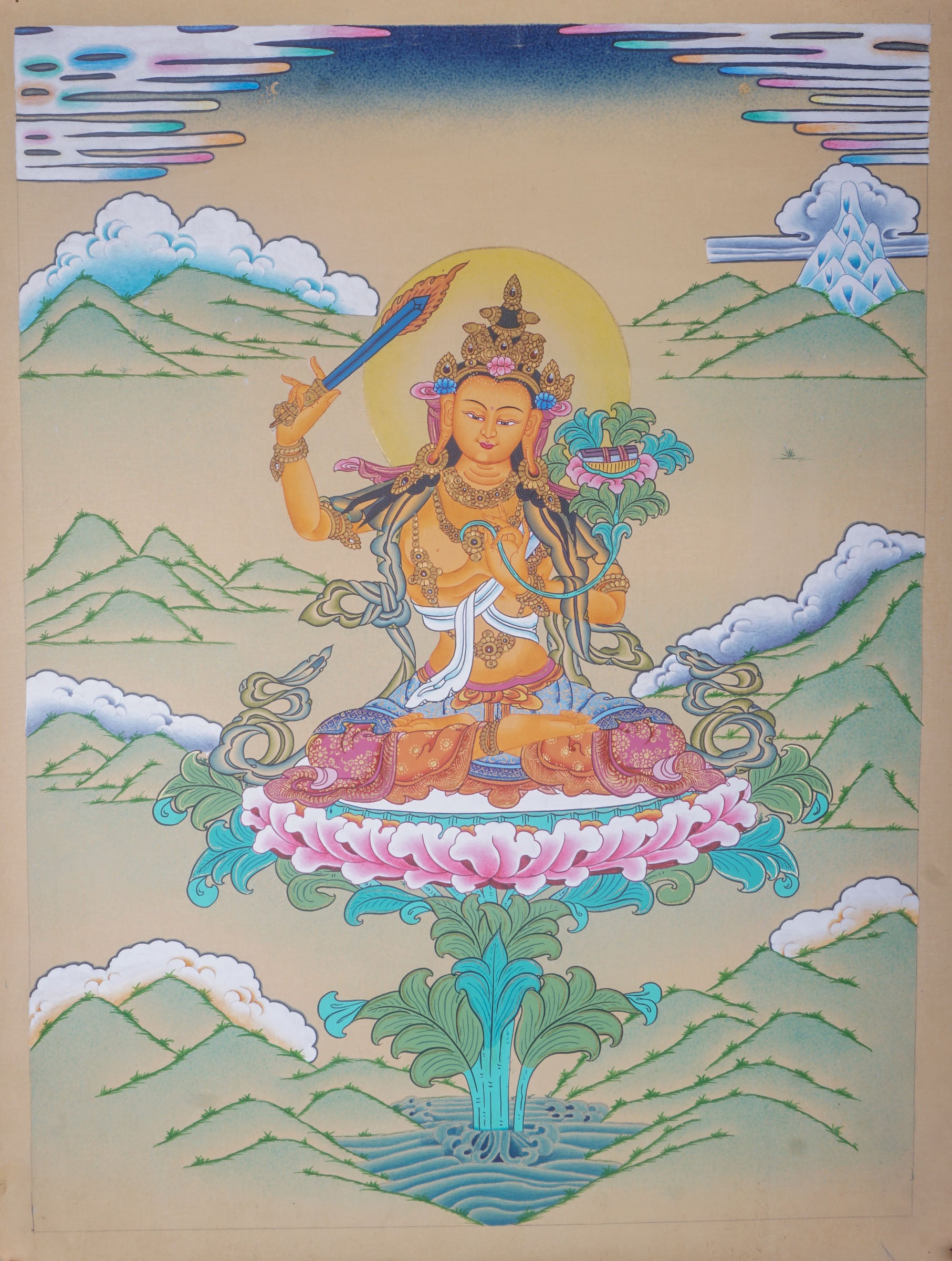 This genuine Tibetan Thangka of Manjushri is a hand-painted Buddhist masterpiece that symbolizes enlightened wisdom and clarity. Crafted with natural pigments, it’s ideal for spiritual spaces, guiding seekers on the path to higher understanding.