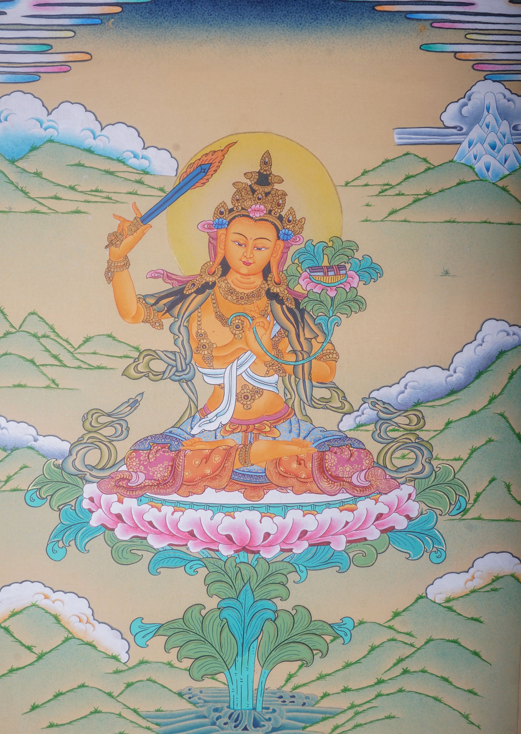 This genuine Tibetan Thangka of Manjushri is a hand-painted Buddhist masterpiece that symbolizes enlightened wisdom and clarity. Crafted with natural pigments, it’s ideal for spiritual spaces, guiding seekers on the path to higher understanding.