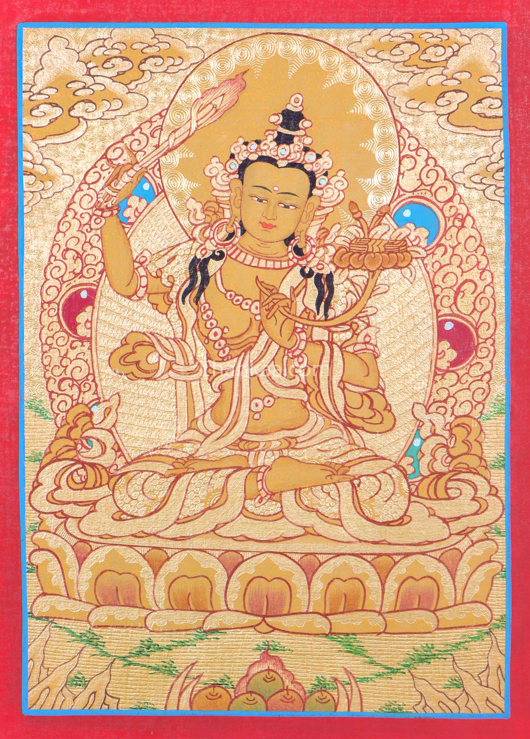 This Manjushri Thangka painting beautifully portrays the Bodhisattva of wisdom, holding a sword to cut through ignorance and a scripture to symbolize supreme knowledge. Hand-painted with natural pigments, it is a powerful piece for enhancing clarity, meditation, and spiritual growth.