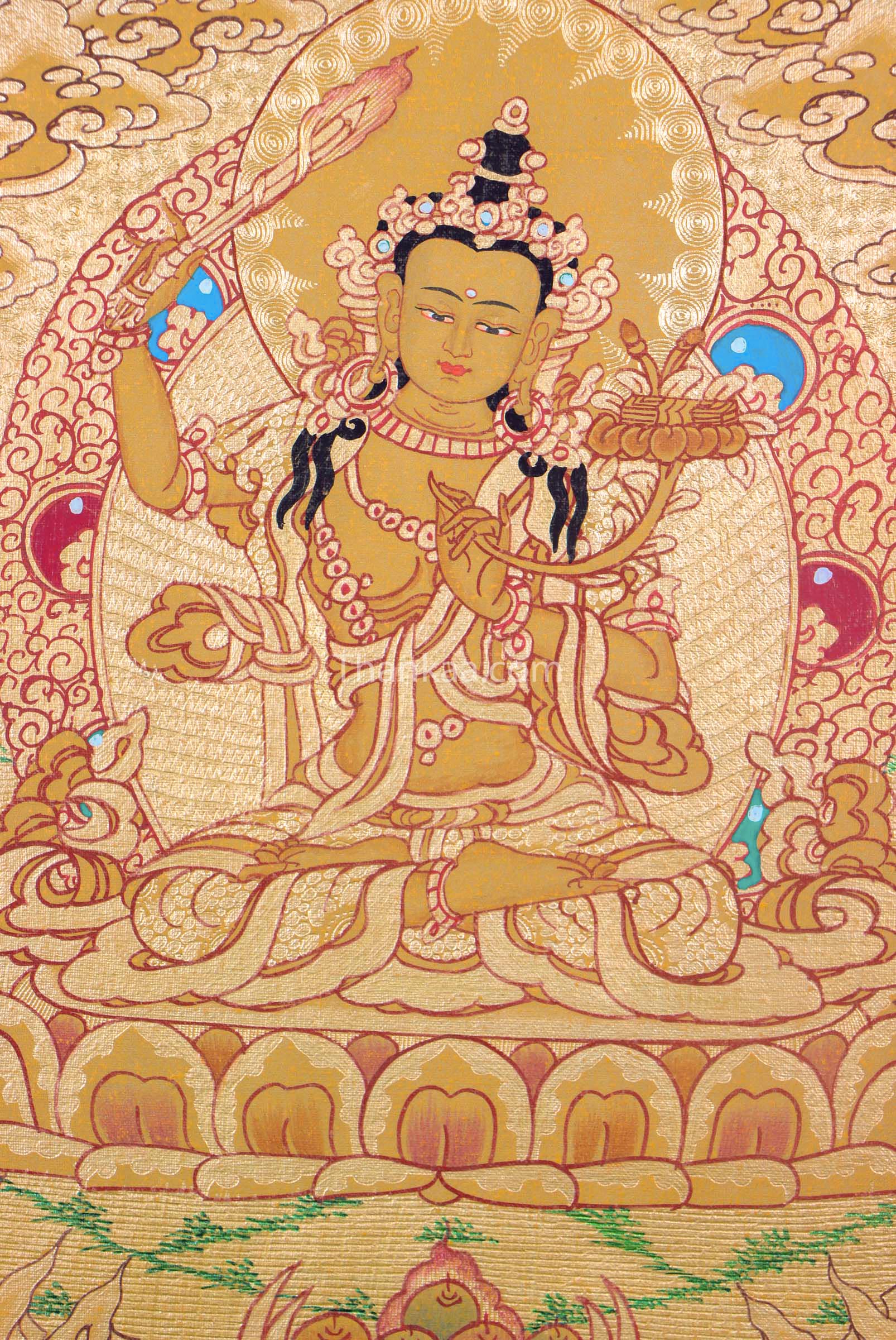 This Manjushri Thangka painting beautifully portrays the Bodhisattva of wisdom, holding a sword to cut through ignorance and a scripture to symbolize supreme knowledge. Hand-painted with natural pigments, it is a powerful piece for enhancing clarity, meditation, and spiritual growth.