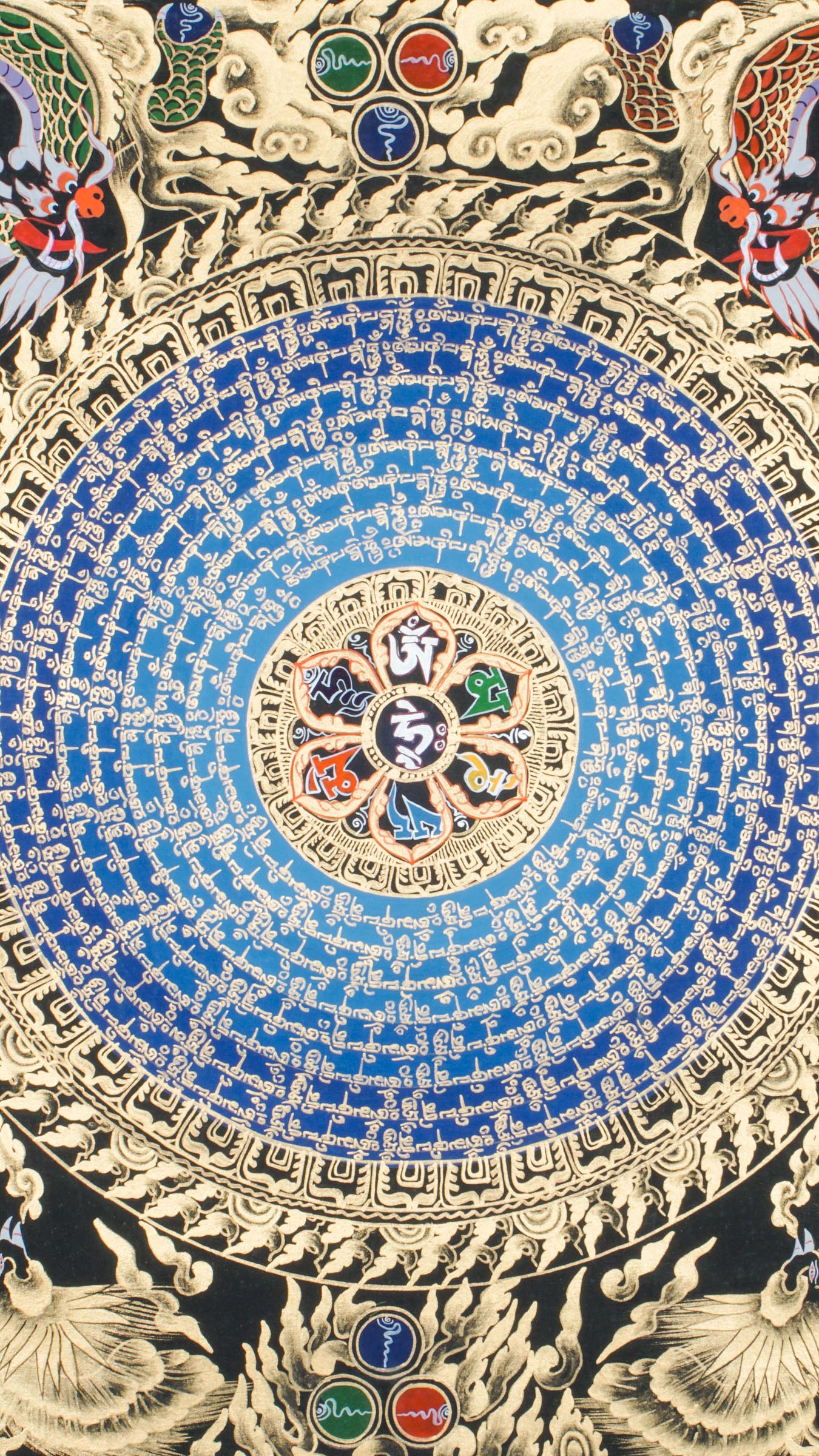 A Mantra Mandala Thangka is a powerful spiritual artwork that combines intricate mandala patterns with sacred Buddhist mantras. Rooted in Tibetan and Himalayan traditions, this thangka serves as both a meditative tool and a symbol of universal harmony.