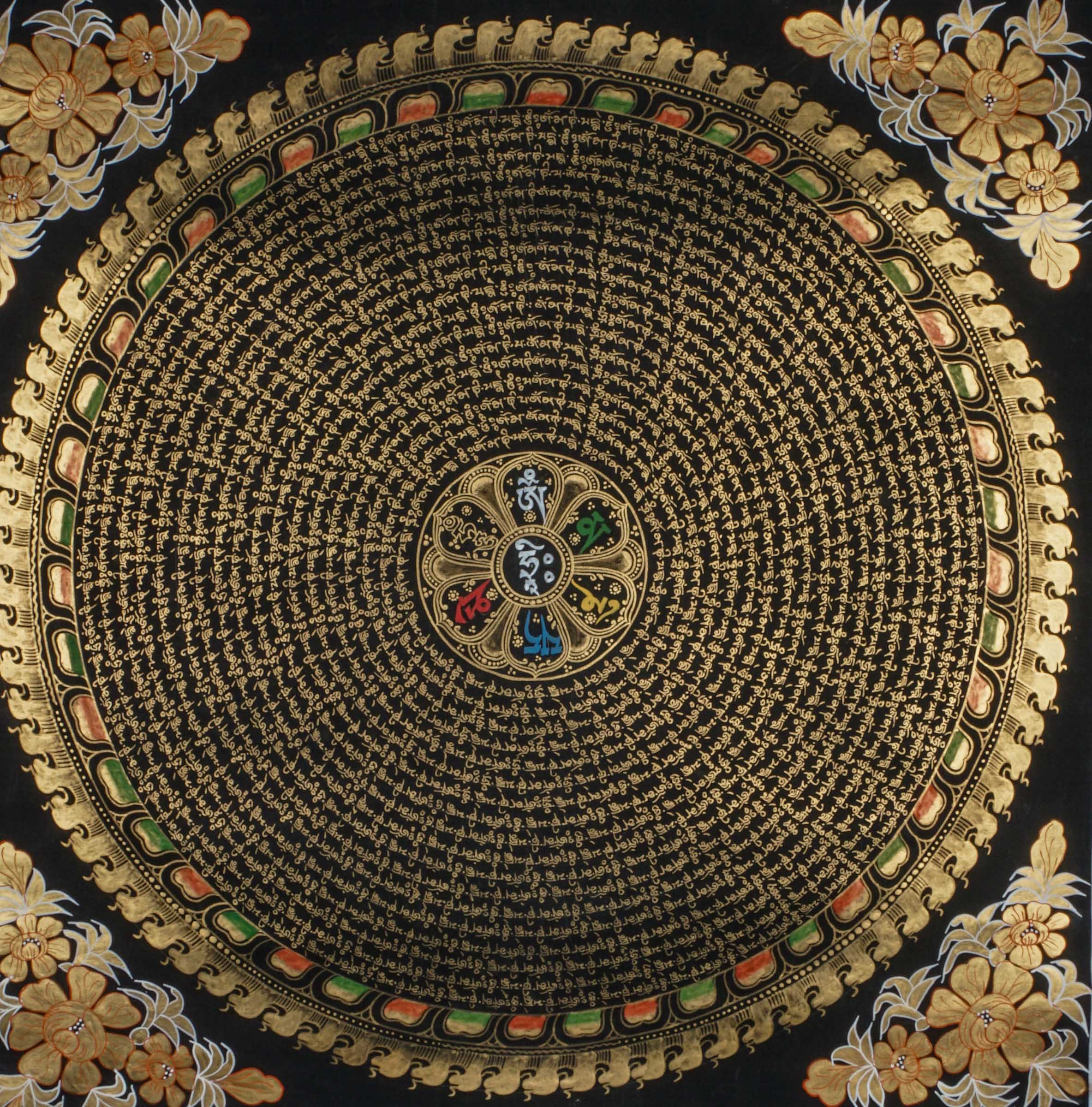 A detailed hand-painted artwork featuring a mandala design with intricate patterns and mantra at the center predominantly in gold and black colors.