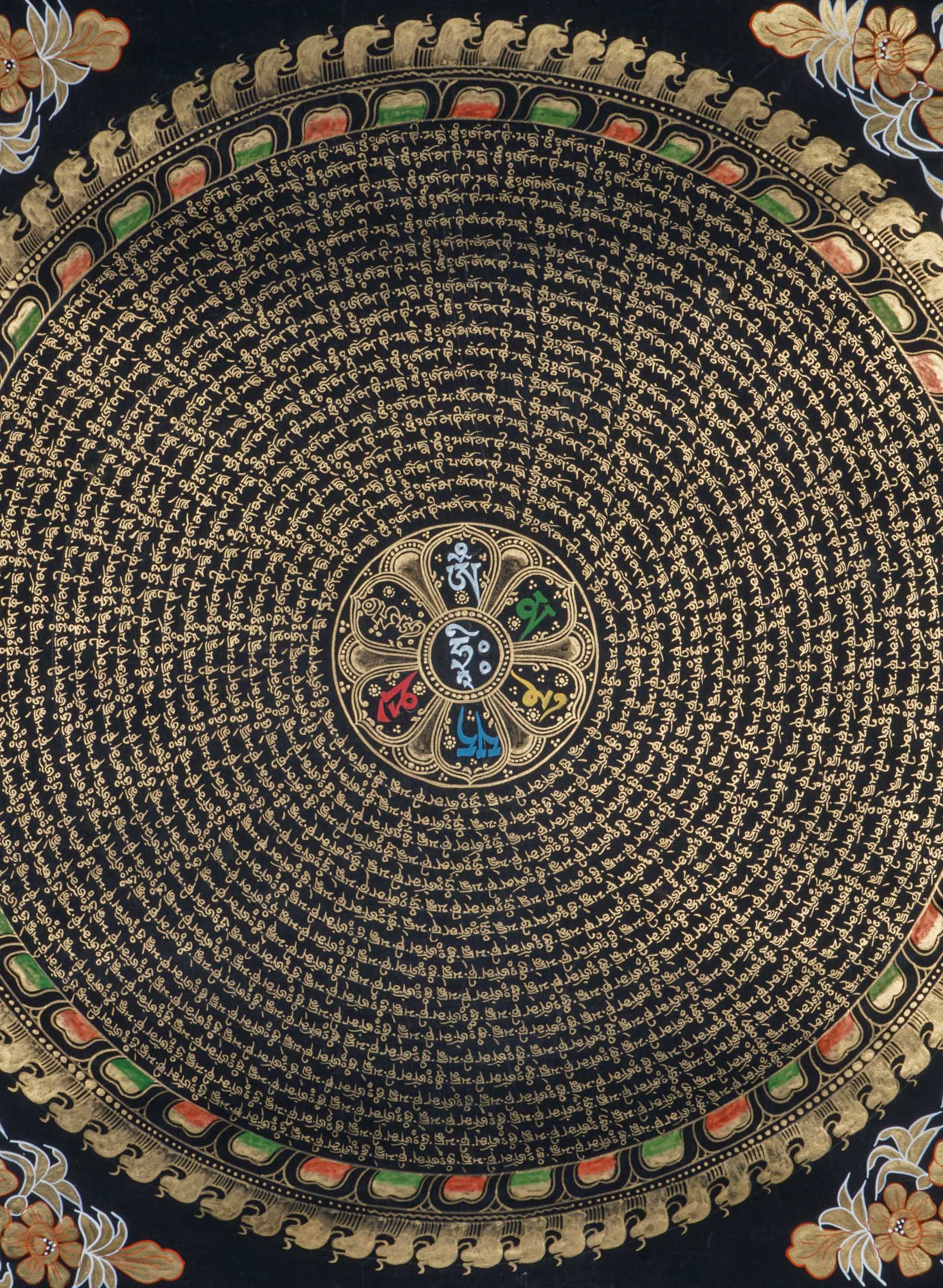 A detailed hand-painted artwork featuring a mandala design with intricate patterns and mantra at the center predominantly in gold and black colors.