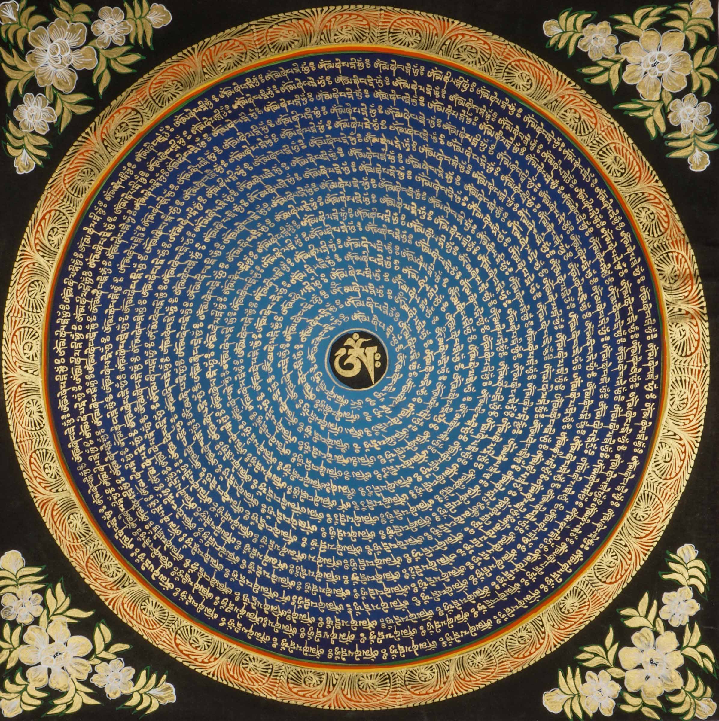 Om Mani Padme Hum Thangka Art for meditation and spiritual practice with black, blue and gold color.