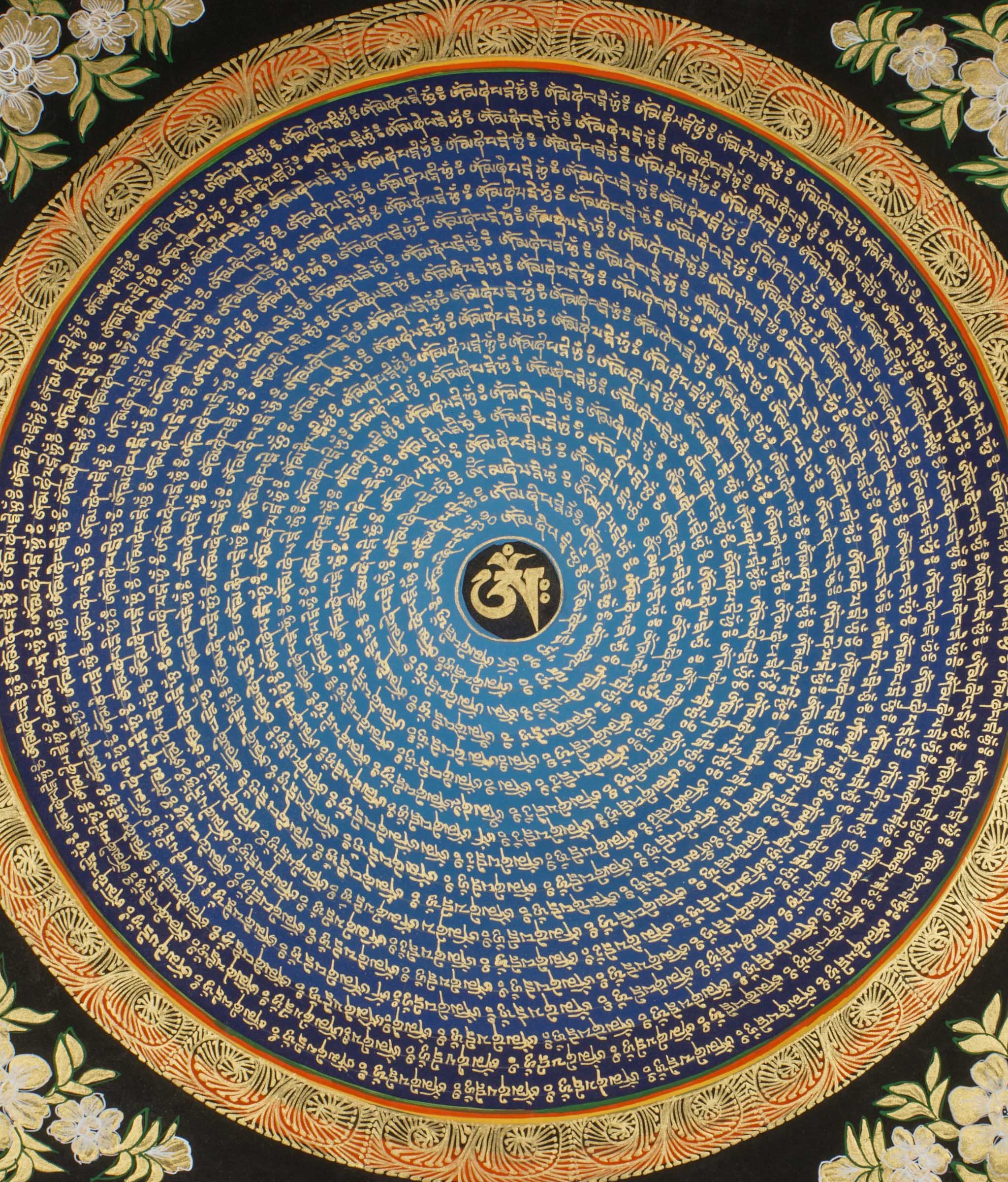 Om Mani Padme Hum Thangka Art for meditation and spiritual practice with black, blue and gold color.