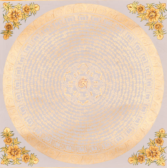 Sacred Mantra Mandala Thangka in White and Gold