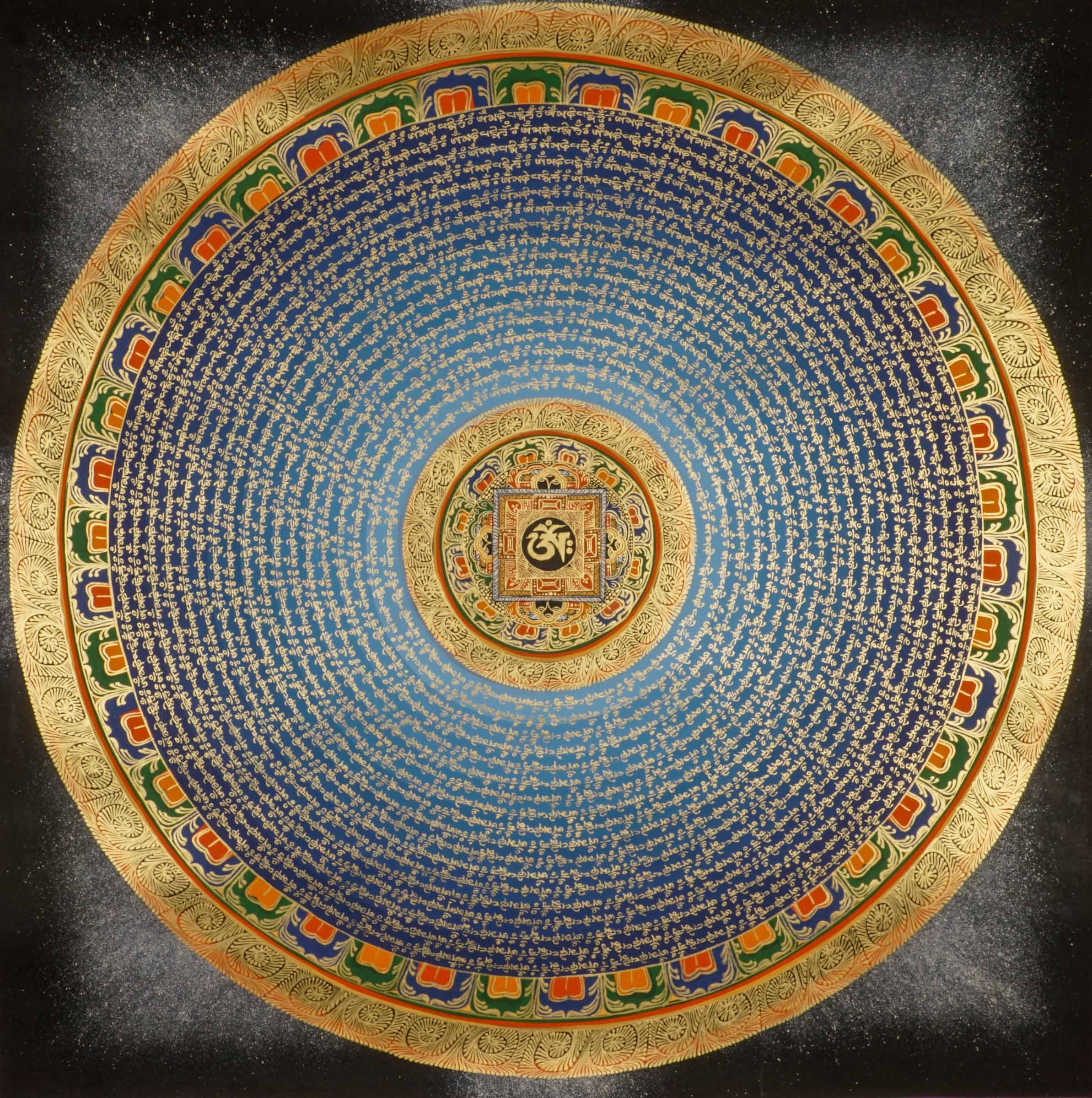 The Mantra Mandala Thangka is a traditional Tibetan thangka featuring sacred geometry and powerful mantras like “Om Mani Padme Hum,” symbolizing spiritual harmony, balance, and Buddhist meditation. Hand-painted by skilled artisans, this Buddhist mandala enhances mindfulness, supports spiritual growth, and serves as meaningful decor for homes, offices, or meditation spaces.