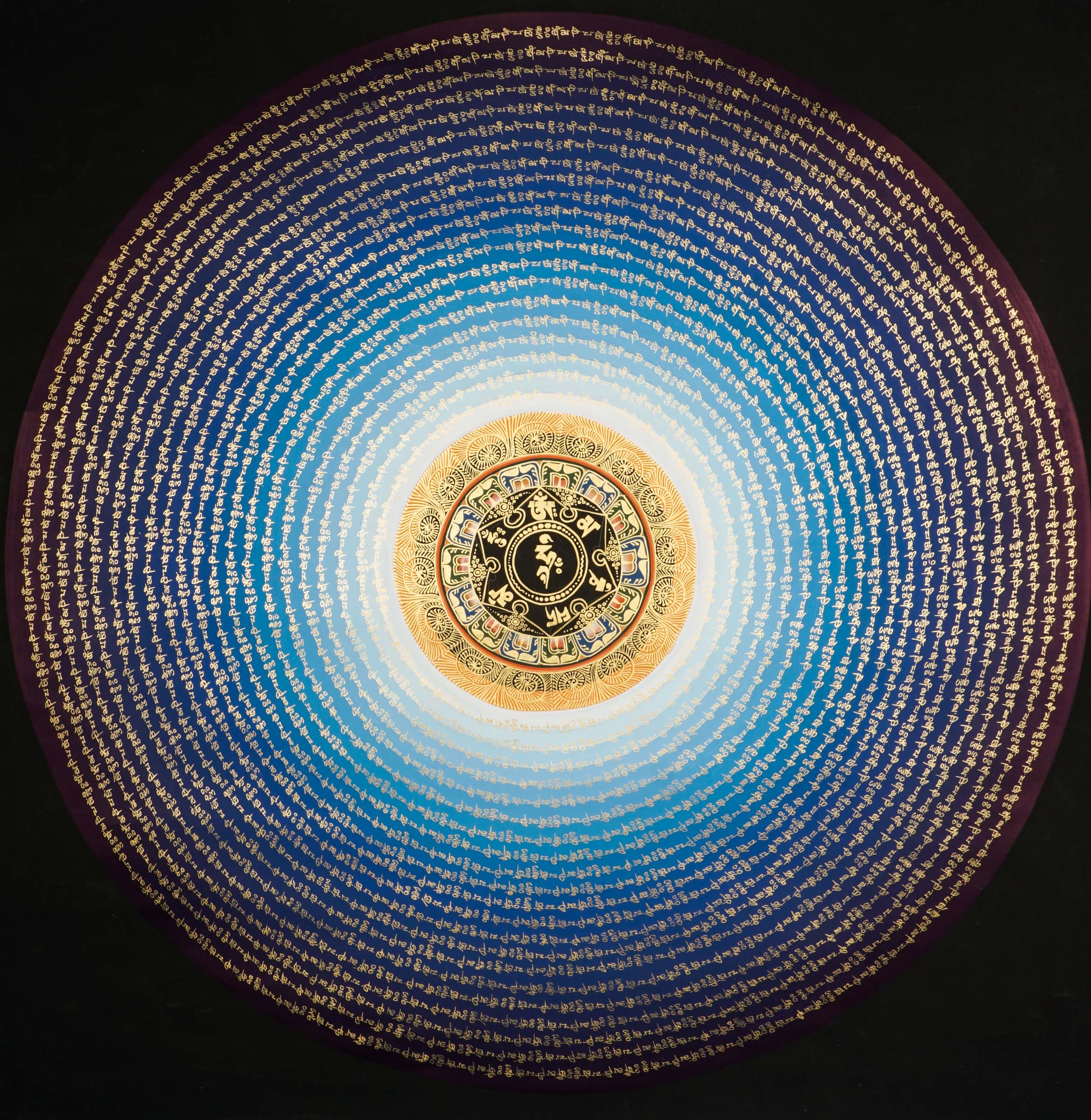 The Mantra Mandala Thangka is a hand-painted Tibetan artwork that combines sacred geometry with powerful mantras like Om Mani Padme Hum, symbolizing spiritual balance, protection, and enlightenment. Perfect for meditation, this thangka enhances focus, promotes inner peace, and brings serene energy to any sacred or living space.