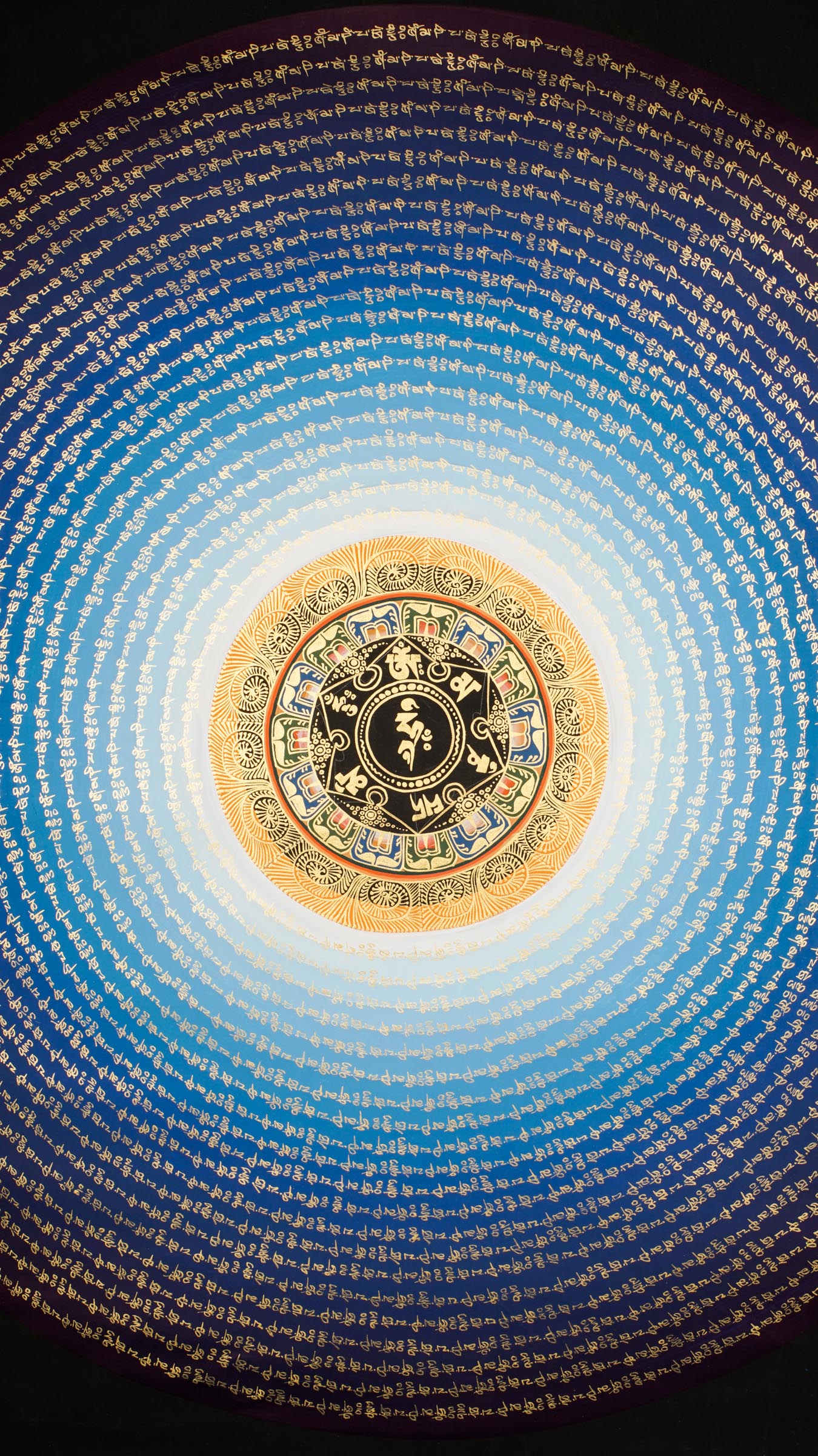 The Mantra Mandala Thangka is a hand-painted Tibetan artwork that combines sacred geometry with powerful mantras like Om Mani Padme Hum, symbolizing spiritual balance, protection, and enlightenment. Perfect for meditation, this thangka enhances focus, promotes inner peace, and brings serene energy to any sacred or living space.