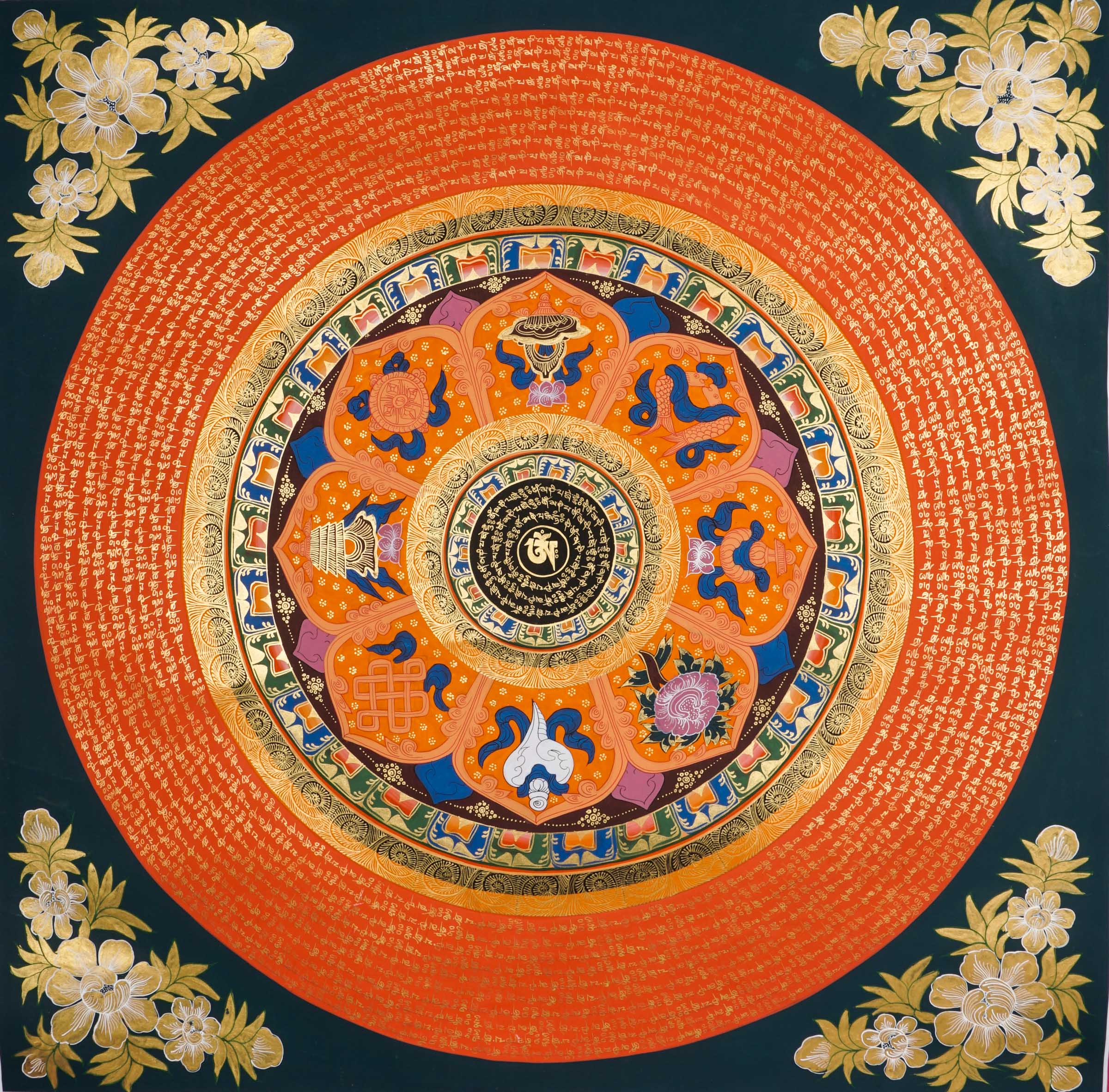 The Mantra Mandala Thangka is a hand-painted Tibetan artwork combining sacred geometry with mantras like "Om Mani Padme Hum" to enhance meditation, mindfulness, and spiritual focus. Perfect for sacred spaces or feng shui decor, it radiates peace, protection, and balanced energy in any environment. 