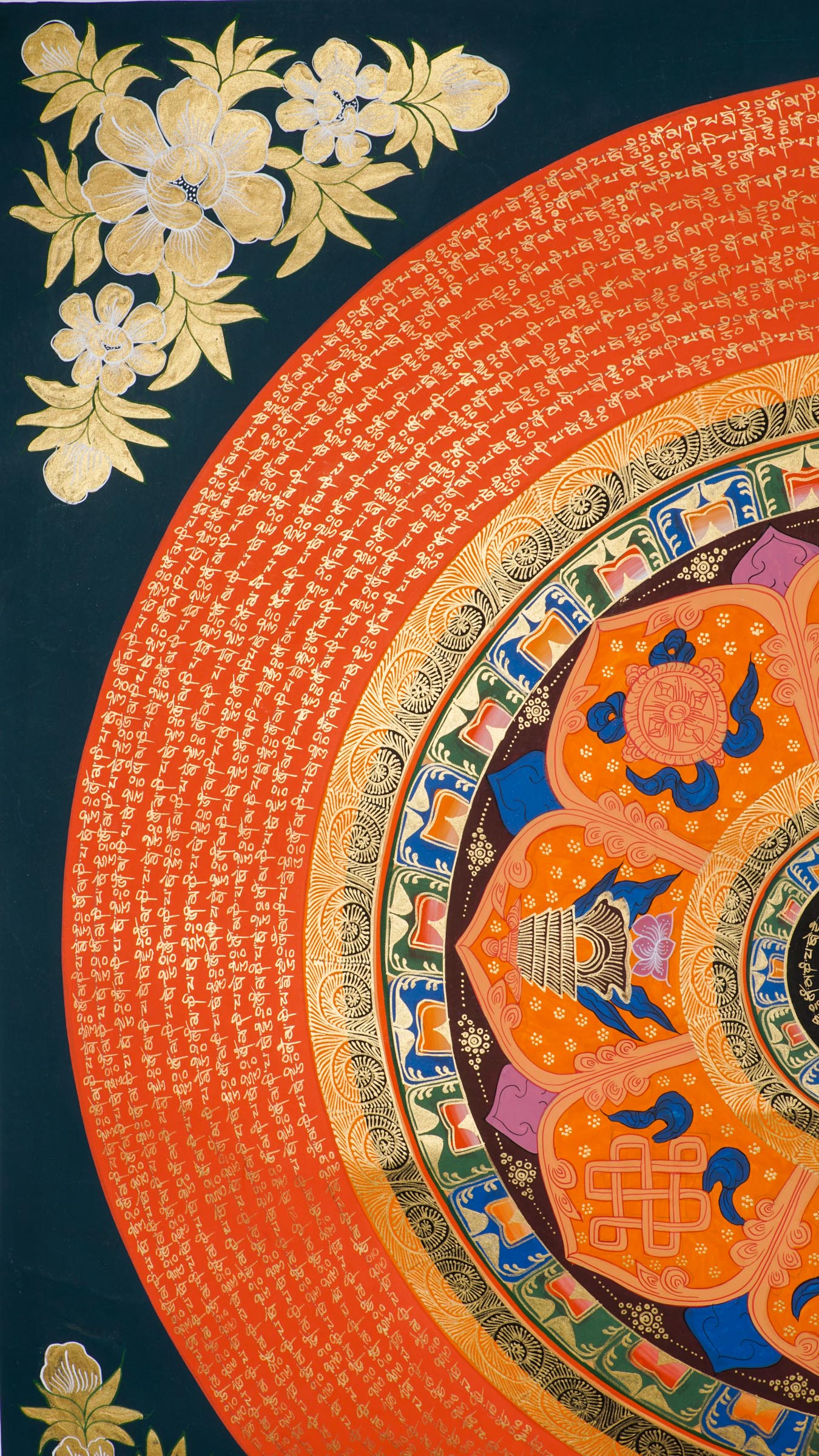 The Mantra Mandala Thangka is a hand-painted Tibetan artwork combining sacred geometry with mantras like "Om Mani Padme Hum" to enhance meditation, mindfulness, and spiritual focus. Perfect for sacred spaces or feng shui decor, it radiates peace, protection, and balanced energy in any environment. 