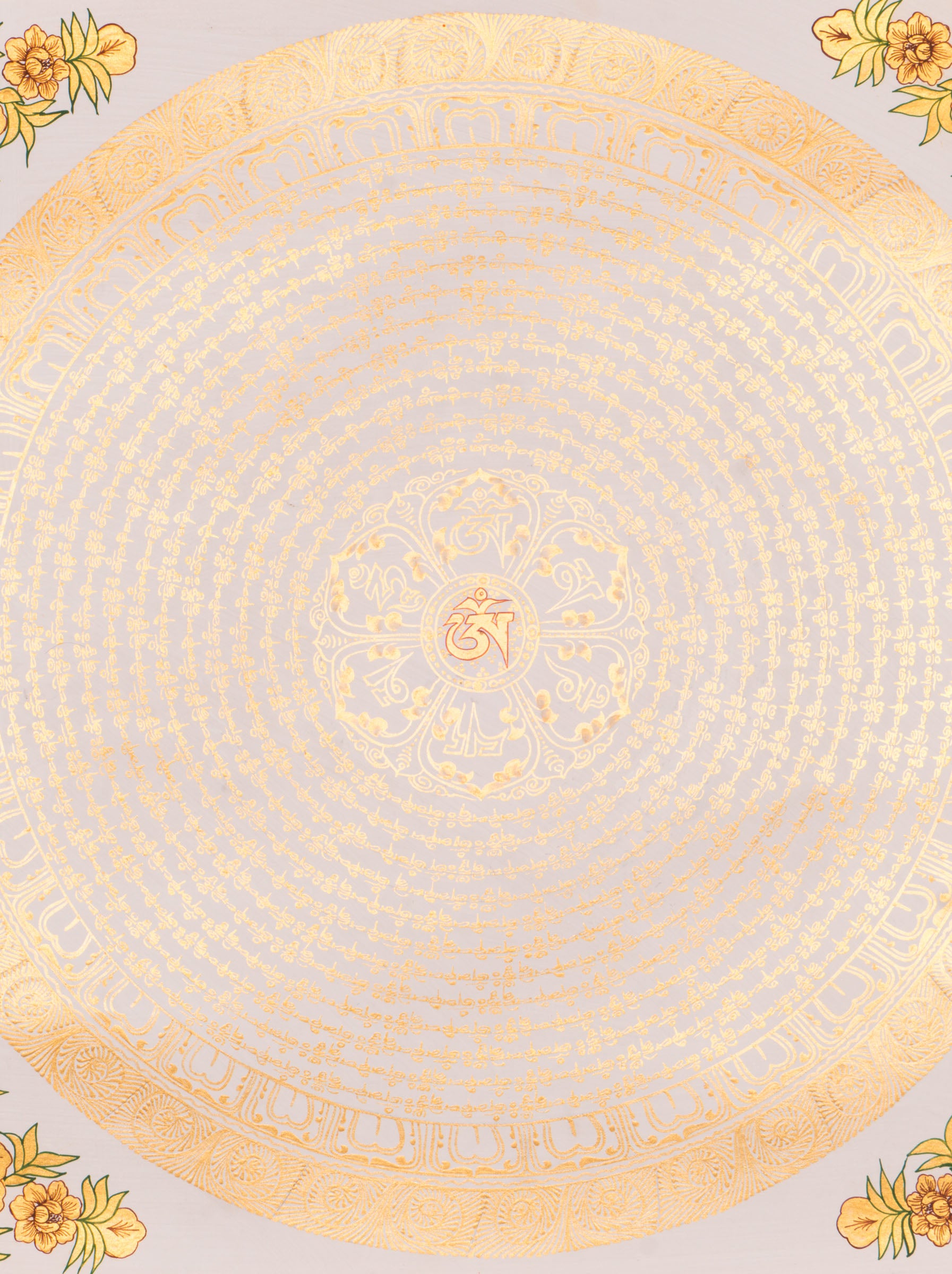 Sacred Mantra Mandala Thangka featuring intricate gold patterns and circular sacred mantras on a pure white background, symbolizing purity, wisdom, and the infinite journey toward enlightenment in Tibetan Buddhist tradition. 
