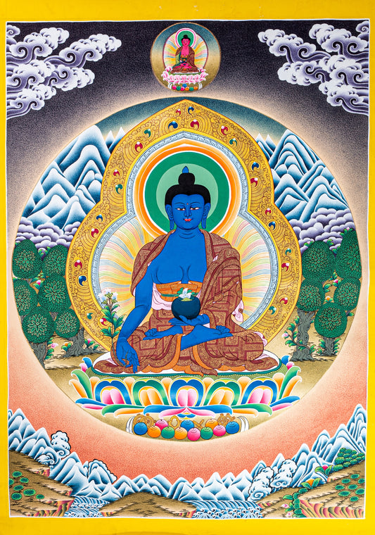 This Thangka painting of Medicine Buddha is a beautiful and effective way to enhance spiritual wellness and healing in sacred spaces or meditation rooms.