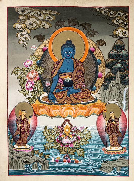 This stunning Thangka painting of Medicine Buddha for spiritual practices and spiritual healing.