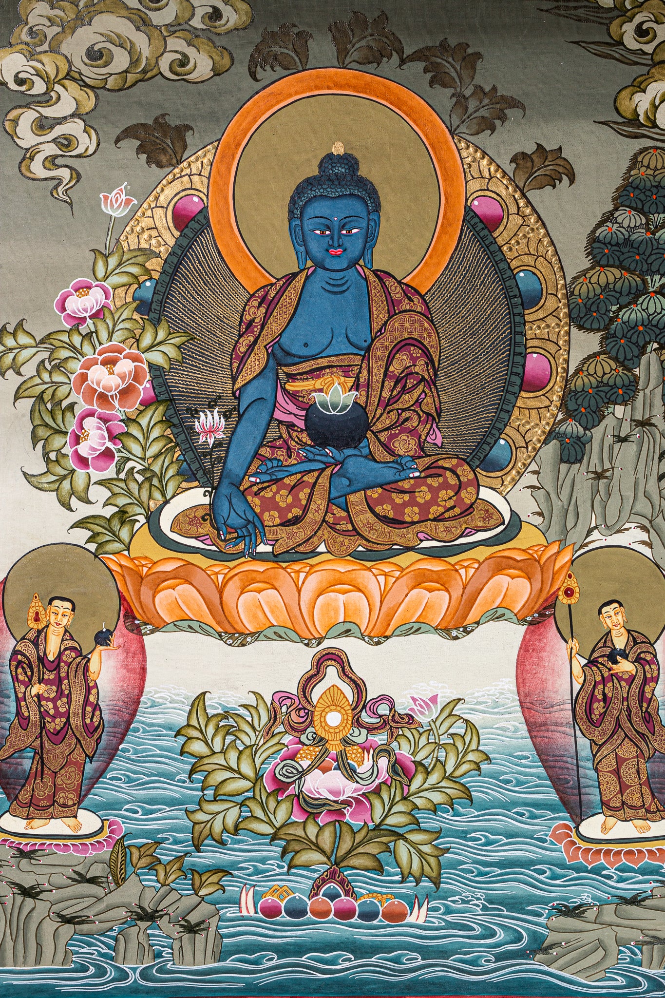 This stunning Thangka painting of Medicine Buddha for spiritual practices and spiritual healing.