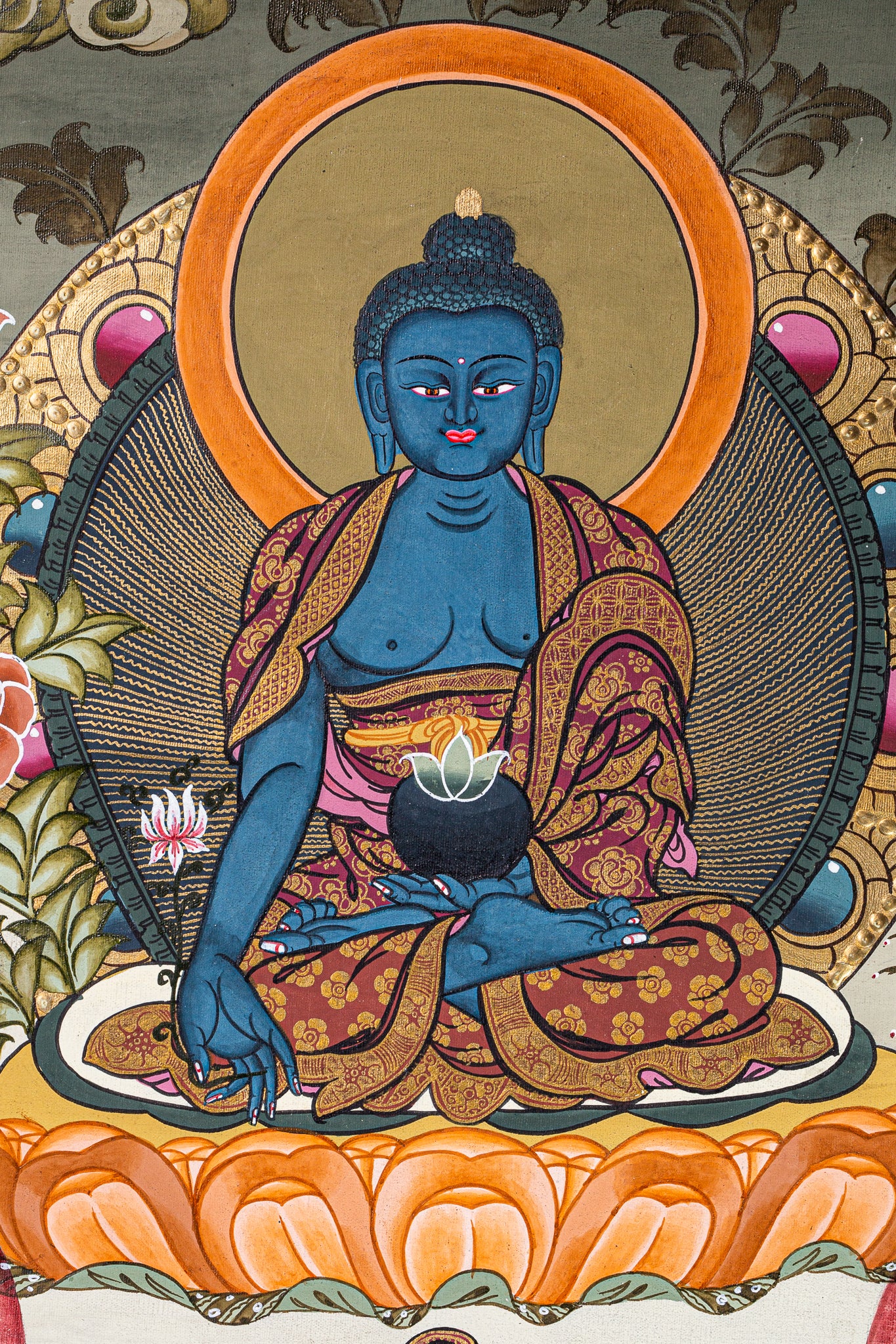 This stunning Thangka painting of Medicine Buddha for spiritual practices and spiritual healing.