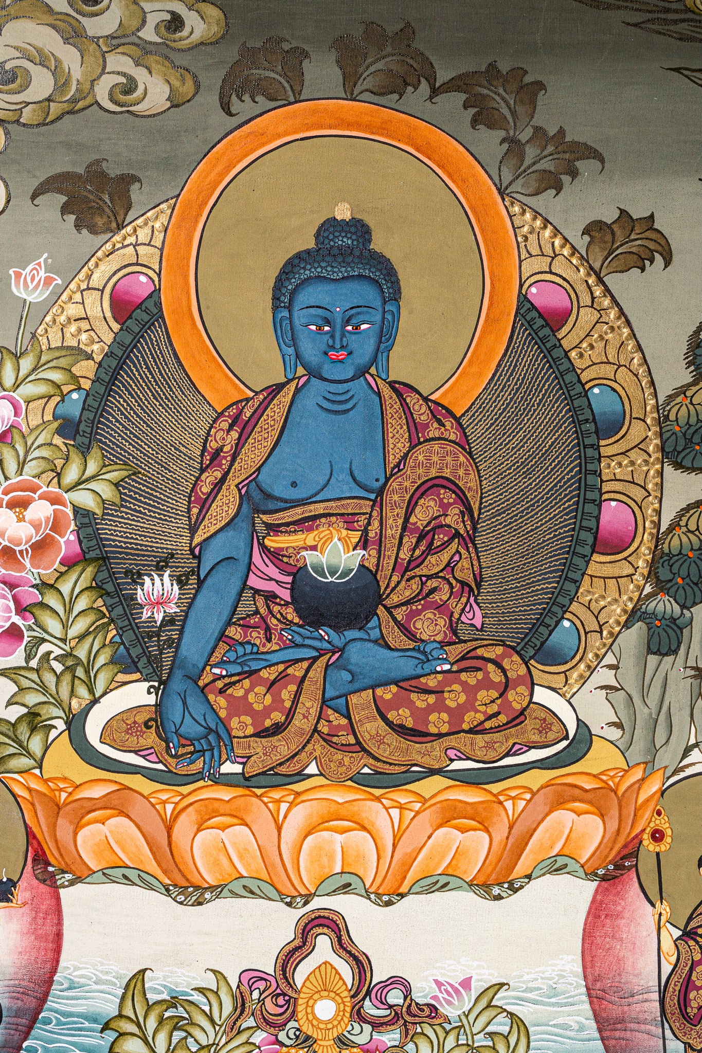 This stunning Thangka painting of Medicine Buddha for spiritual practices and spiritual healing.