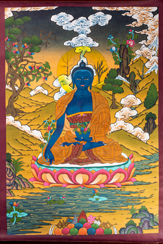 This stunning Thangka painting of Medicine Buddha for spiritual practices and spiritual healing.