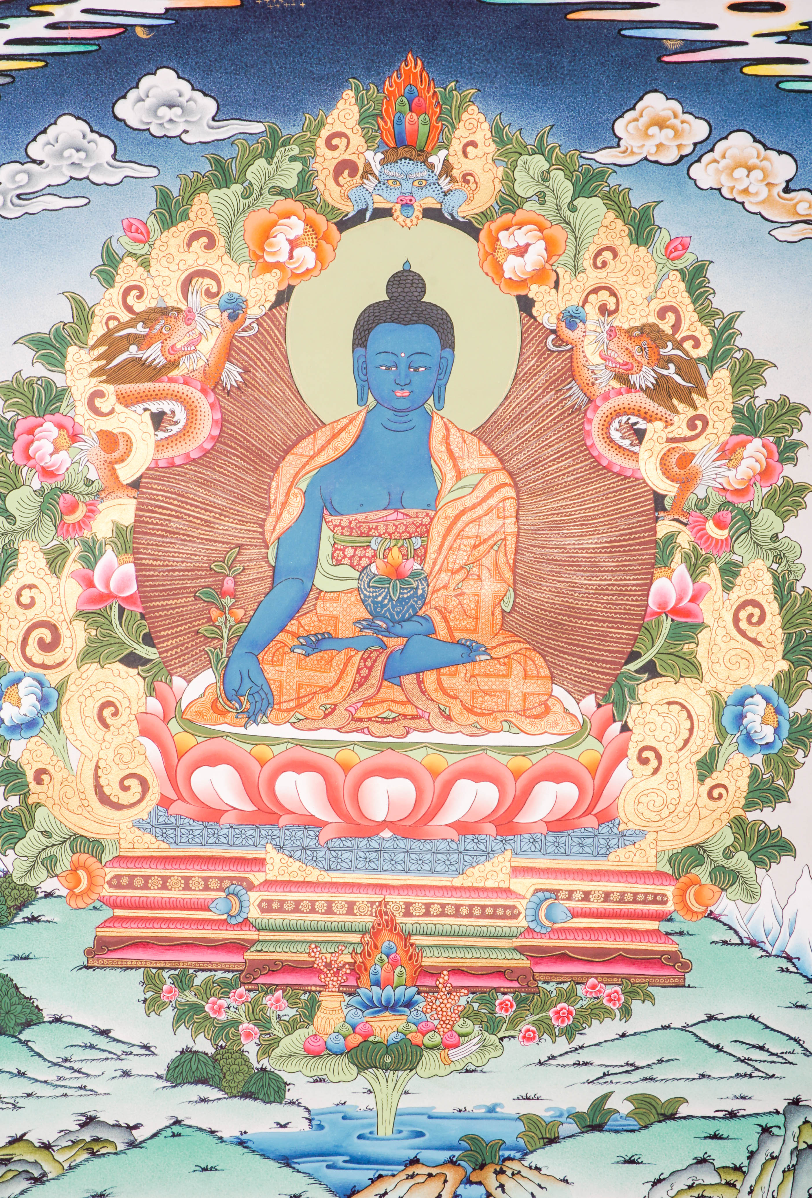 Medicine Buddha Thangka featuring the blue-colored Supreme Healer seated in meditation holding the arura plant and nectar bowl, hand-painted in traditional Tibetan style with rich symbolism of healing, protection, and inner peace. 