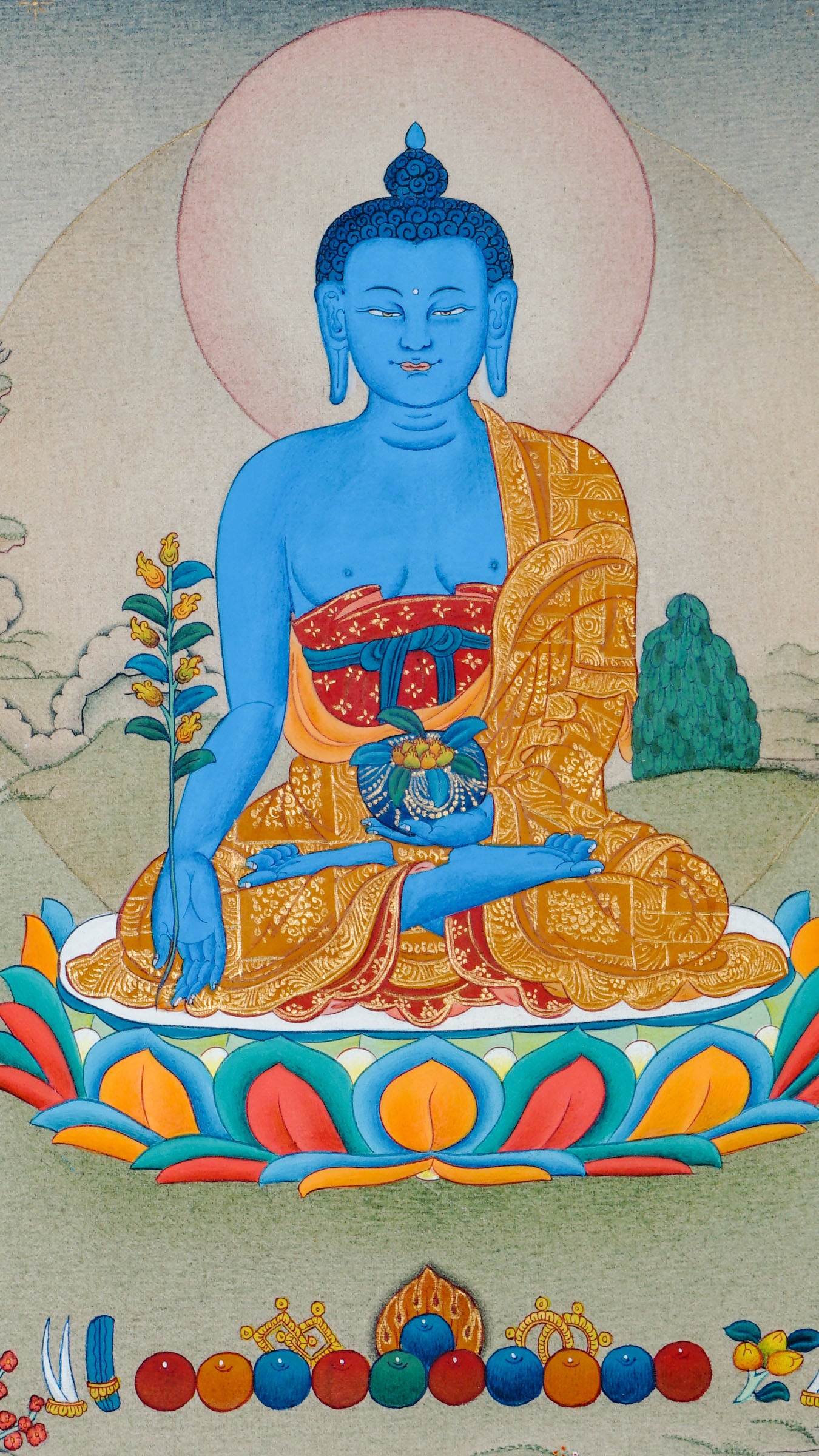 Tibetan thangka of Medicine Buddha with deep blue body, holding a healing bowl and myrobalan plant, seated on a lotus throne surrounded by a tranquil landscape.