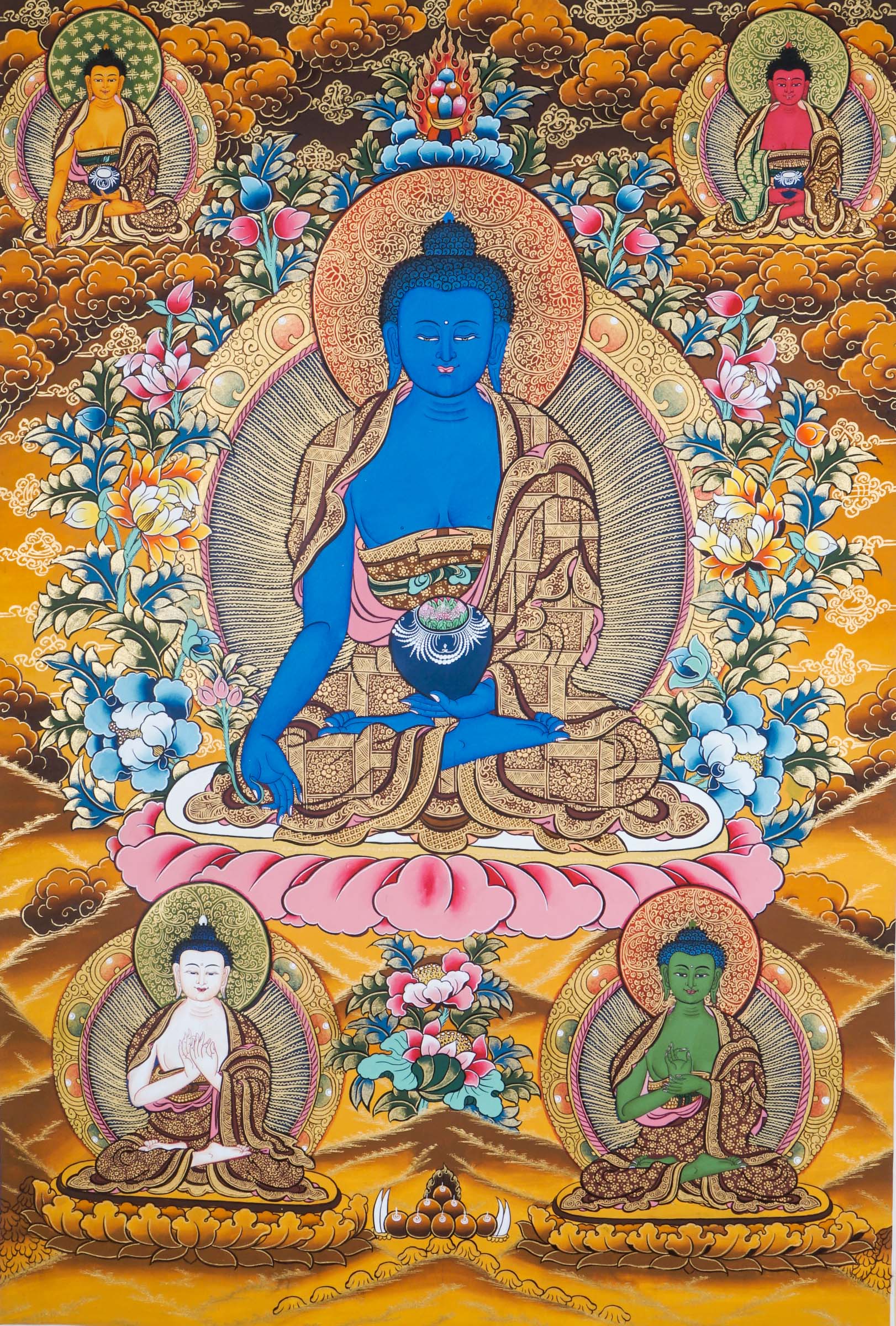 A sacred hand-painted thangka art of Medicine Buddha peacefully seated in a lotus throne symbolizing purity and healing.