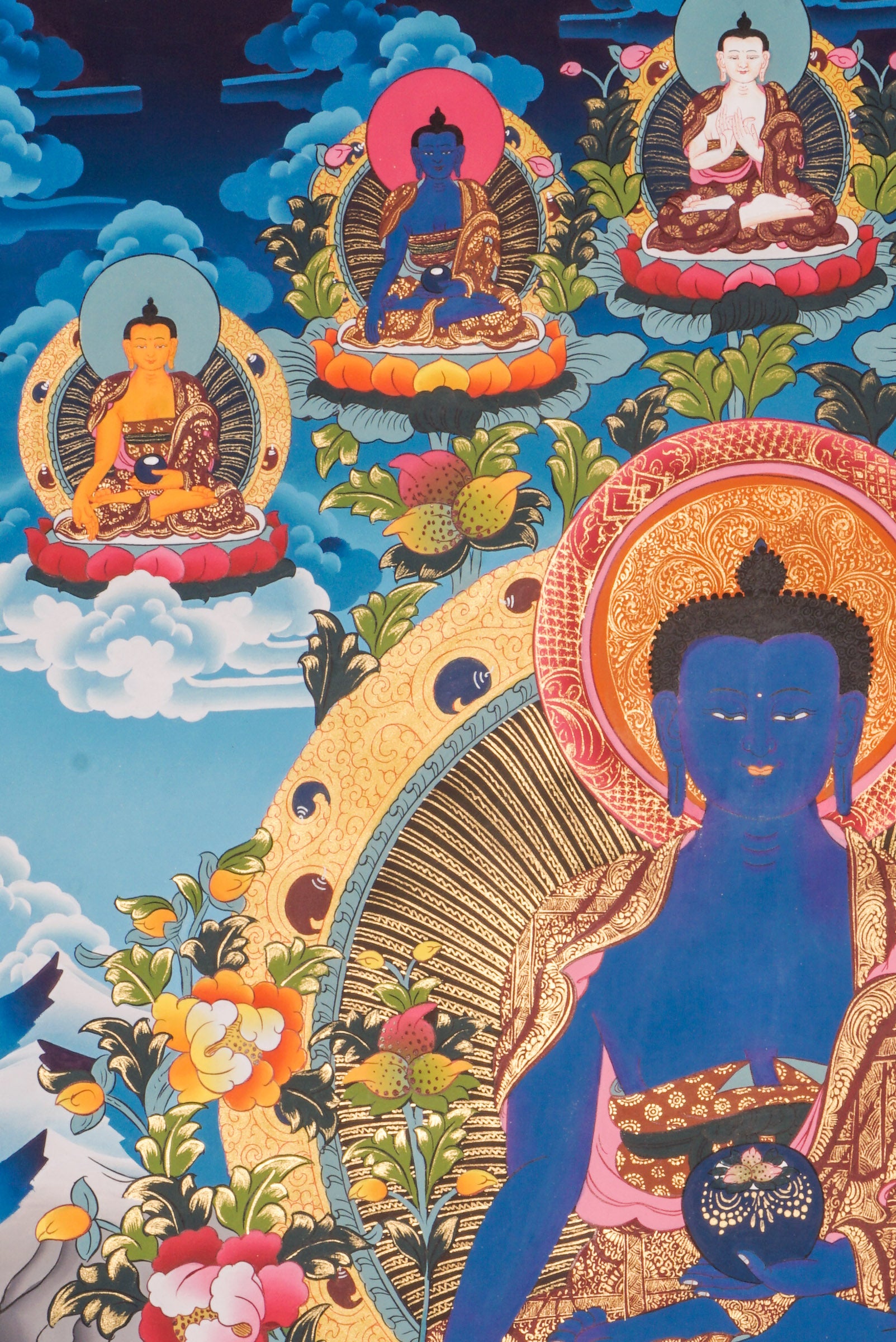 The Blue Healing Medicine Buddha Thangka art for large space. With 5 Pancha Buddha of 5 direction on Top and two followers with offering