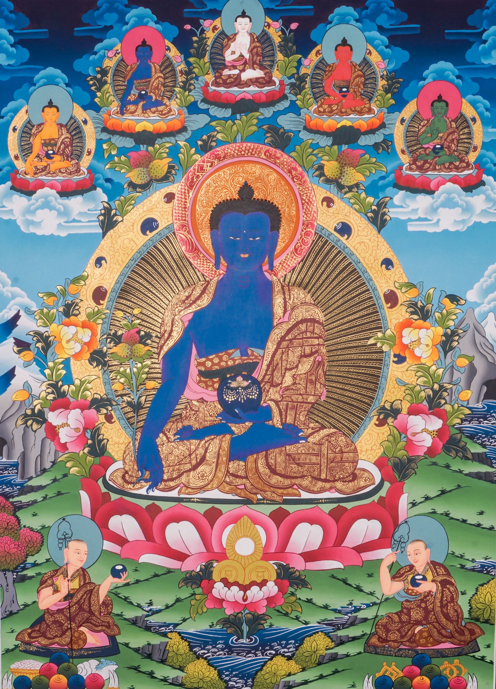 The Blue Healing Medicine Buddha Thangka art for large space. With 5 Pancha Buddha of 5 direction on Top and two followers with offering