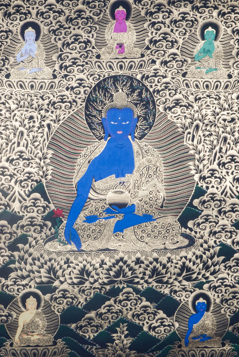 Medicine Buddha Thangka shows Bhaisajyaguru, the healing Buddha in Tibetan Buddhism, holding healing nectar and medicinal plant. Hand-painted with natural pigments by Tibetan artisans, it radiates peace and healing energy.