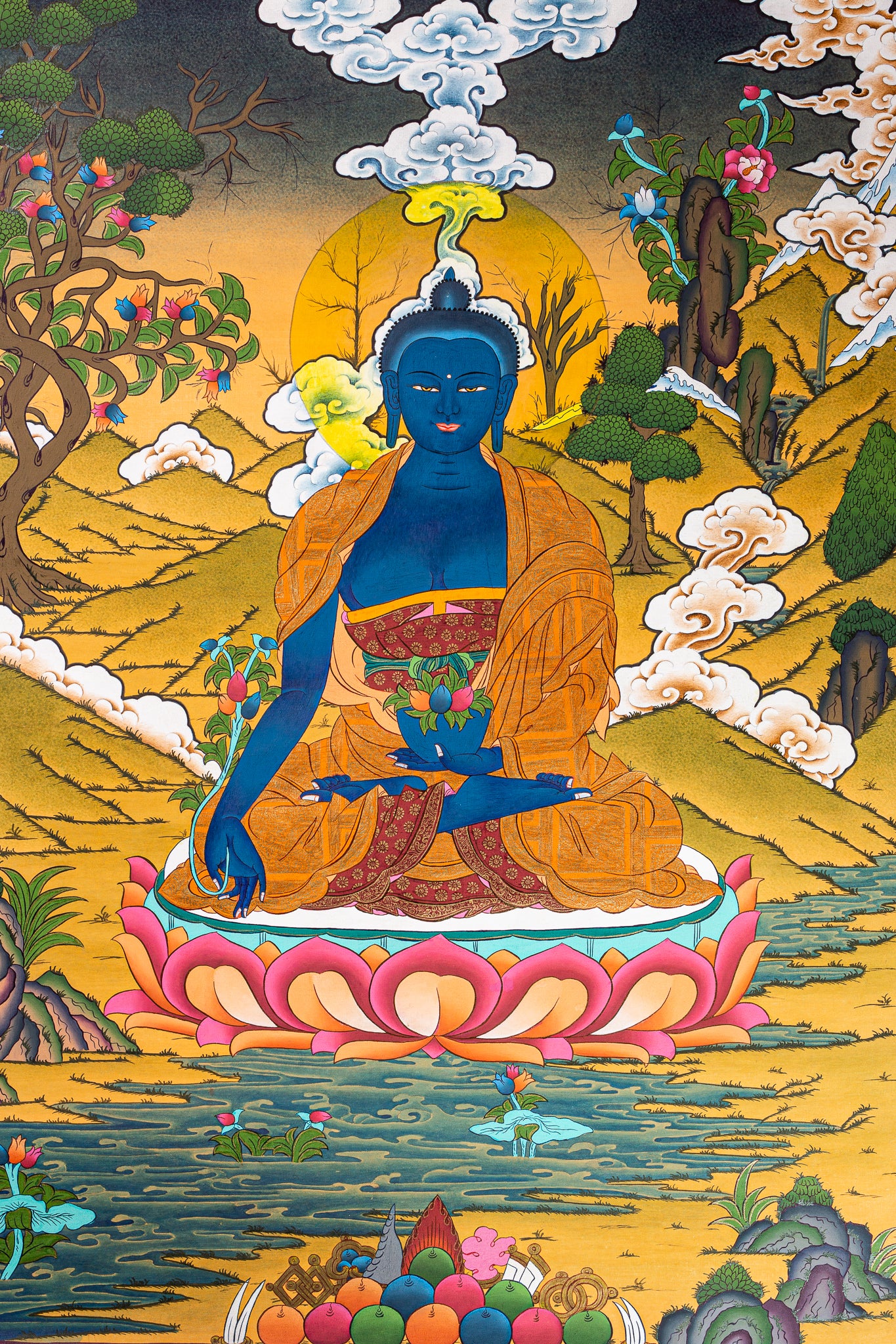 This stunning Thangka painting of Medicine Buddha for spiritual practices and spiritual healing.