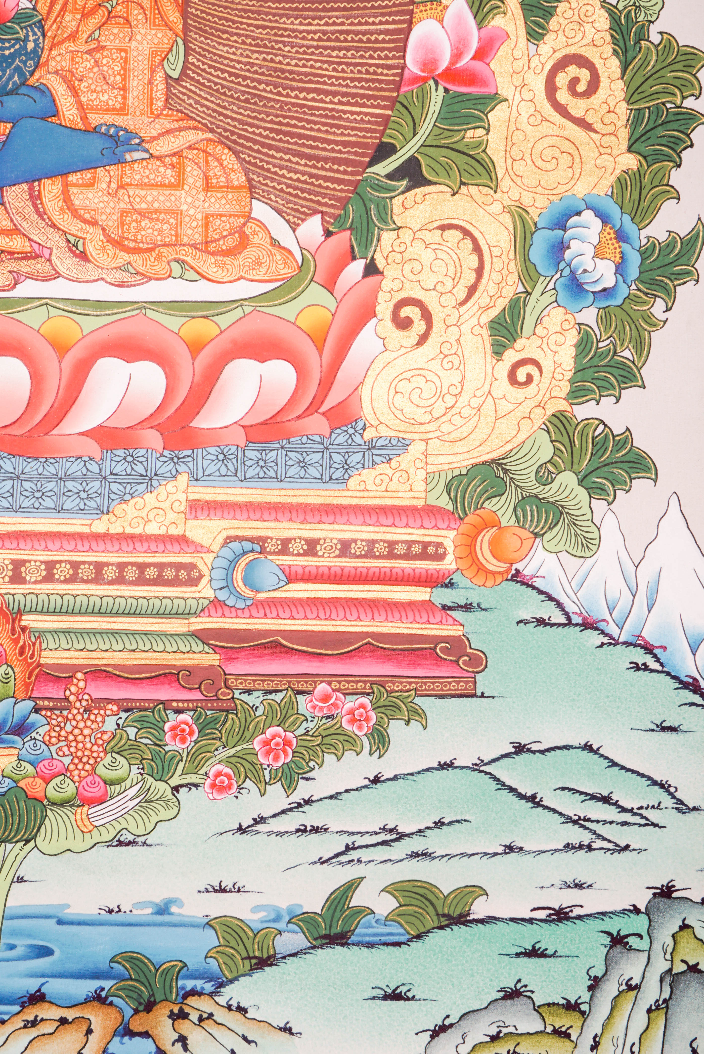 Medicine Buddha Thangka featuring the blue-colored Supreme Healer seated in meditation holding the arura plant and nectar bowl, hand-painted in traditional Tibetan style with rich symbolism of healing, protection, and inner peace. 