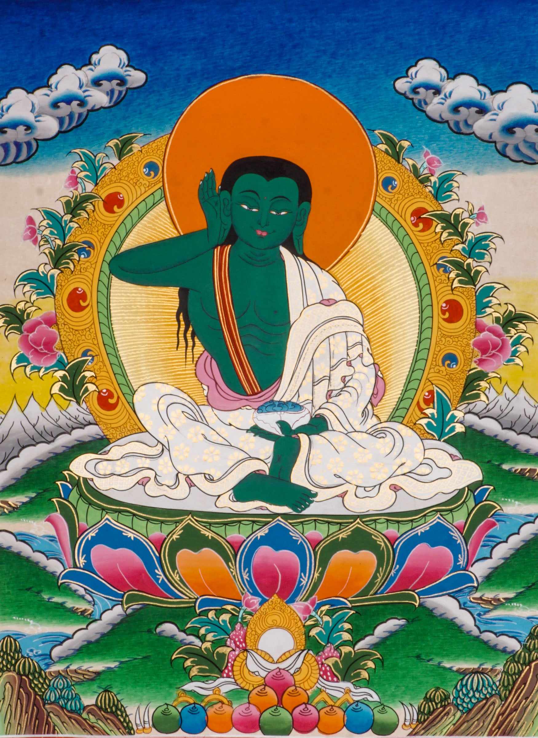 A sacred Thangka Art of Milarepa, one of Tibet’s most honored yogis and spiritual leaders, with listening gestures ability. 