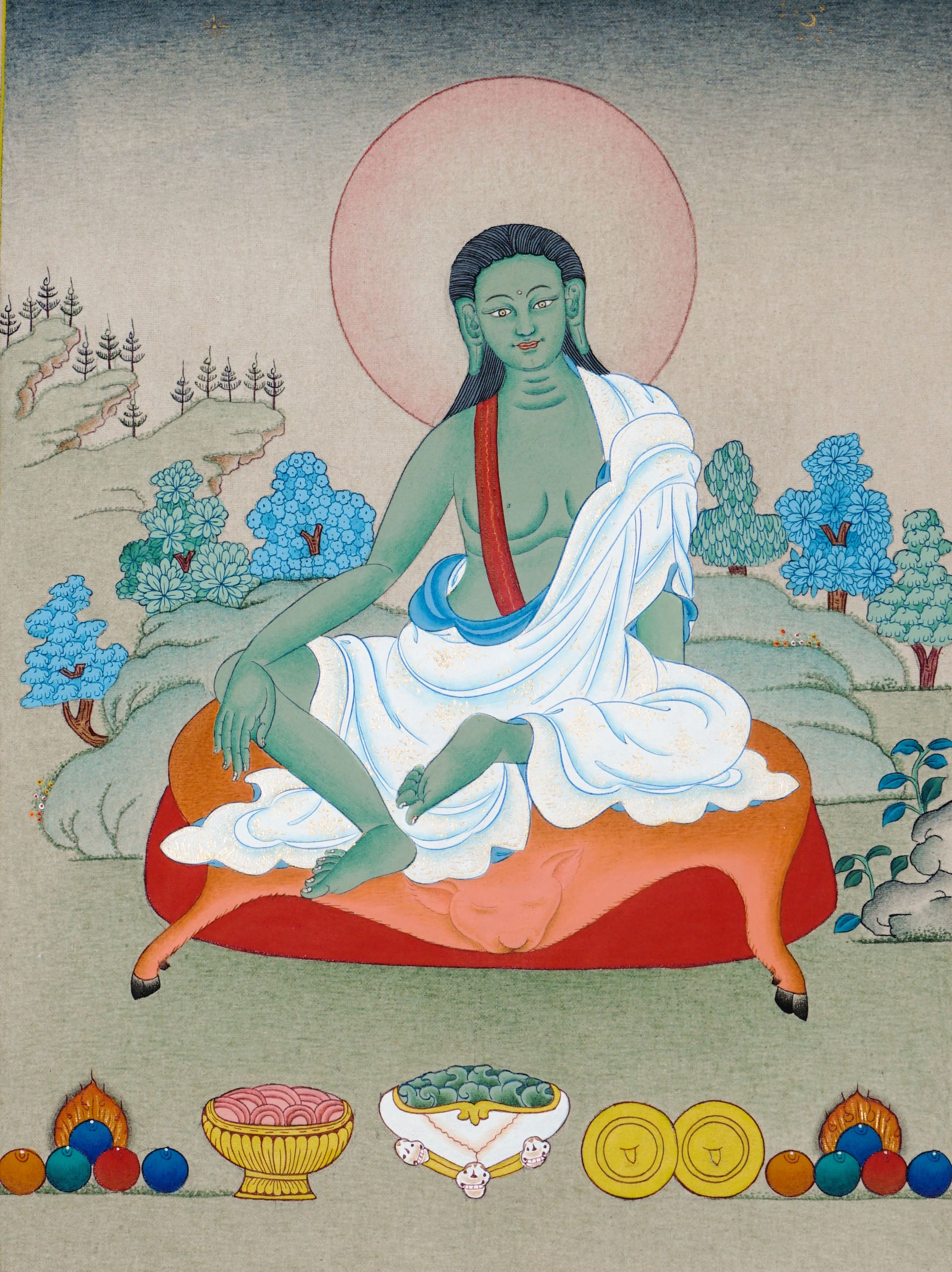Tibetan thangka of Milarepa seated on a deer-skin mat with greenish body, hands resting calmly, surrounded by a peaceful landscape with trees and offerings.