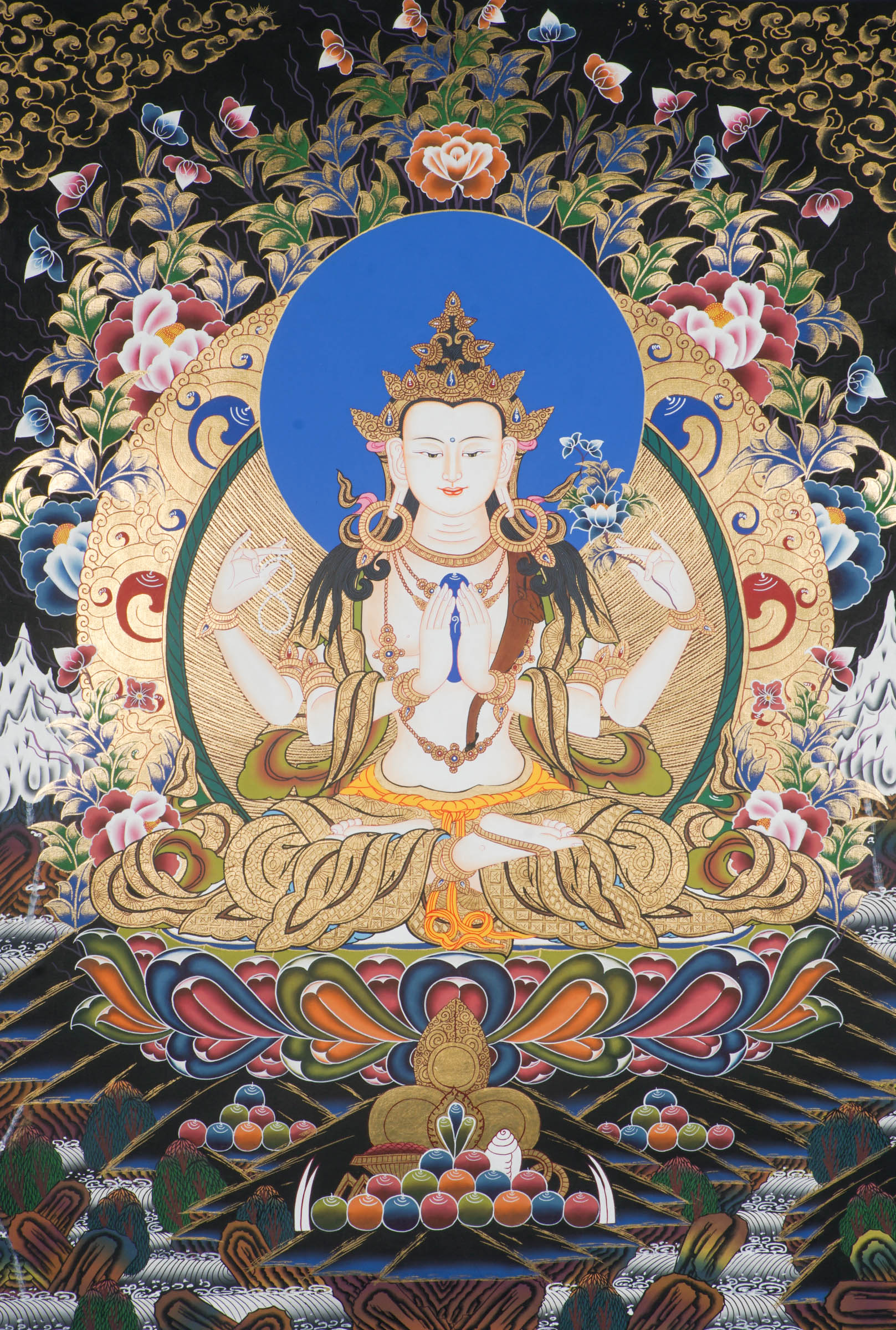 Hand-painted Thangka art portraying Chengresi, Avalokiteshvara in her serene form seated in a Lotus throne, created with 24k gold and natural pigments.