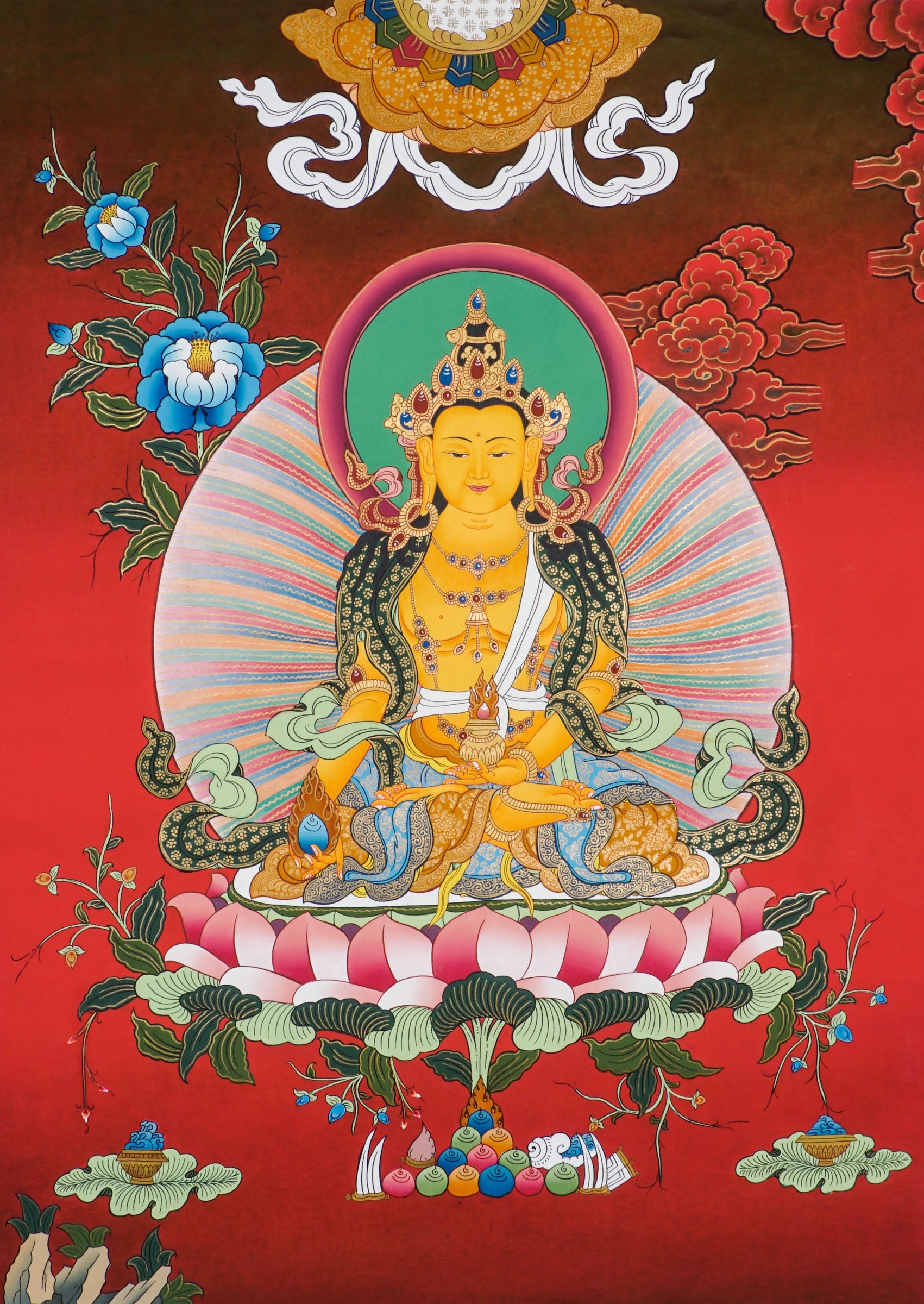 Ksitigarbha Bodhisattva Thangka – Red Background, Hand-Painted Tibetan Art