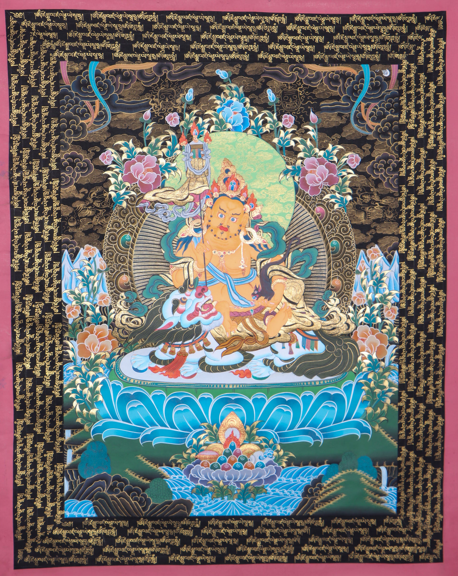 Namtse Zambala, also known as Singh Zambala, is a powerful wealth deity in Tibetan Buddhism who symbolizes abundance, prosperity, and success. This genuine hand-painted Thangka depicts Zambala seated on a white lion throne, surrounded by auspicious symbols, and serves as a sacred tool for meditation, mantra recitation, and attracting both material and spiritual wealth.