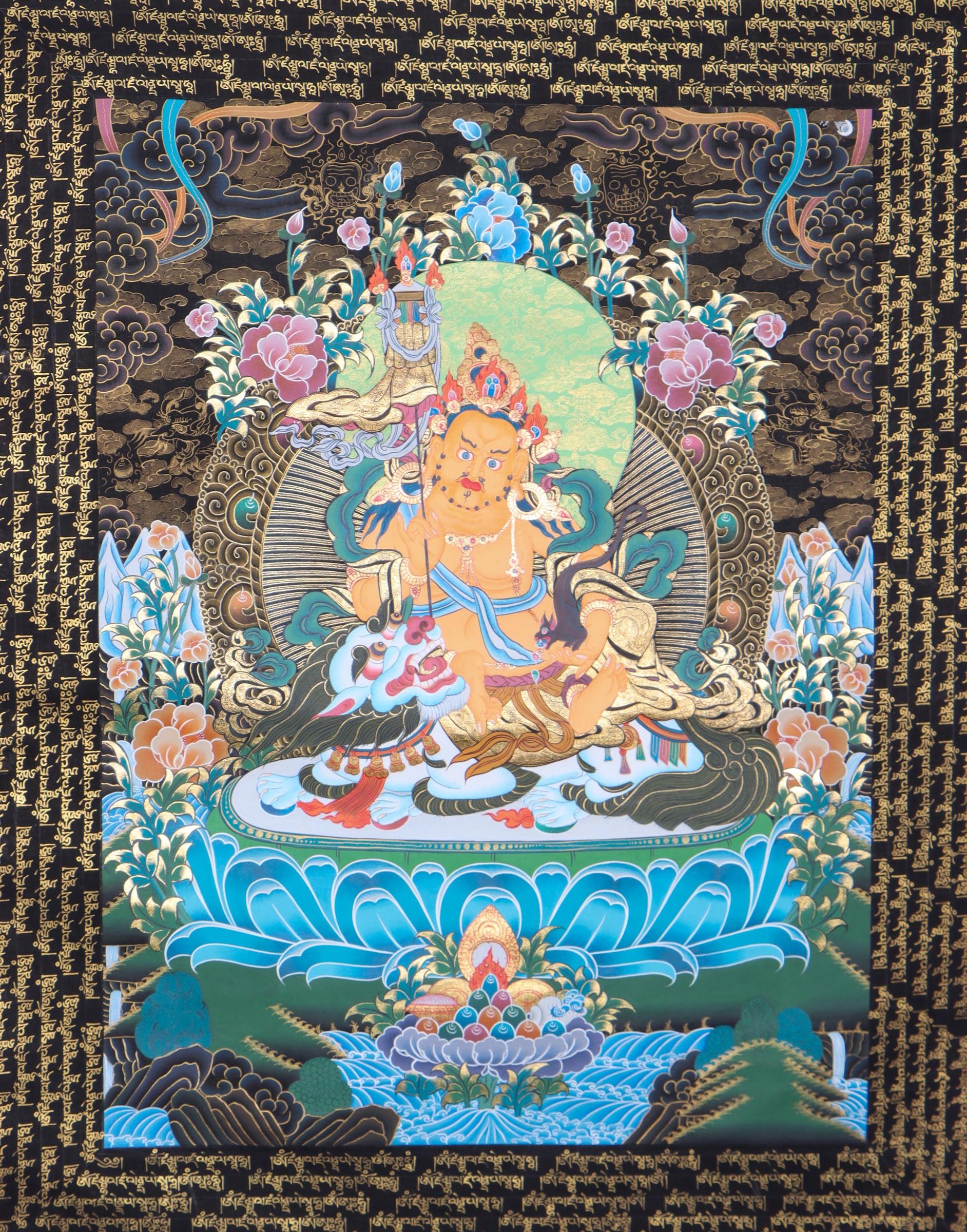 Namtse Zambala, also known as Singh Zambala, is a powerful wealth deity in Tibetan Buddhism who symbolizes abundance, prosperity, and success. This genuine hand-painted Thangka depicts Zambala seated on a white lion throne, surrounded by auspicious symbols, and serves as a sacred tool for meditation, mantra recitation, and attracting both material and spiritual wealth.