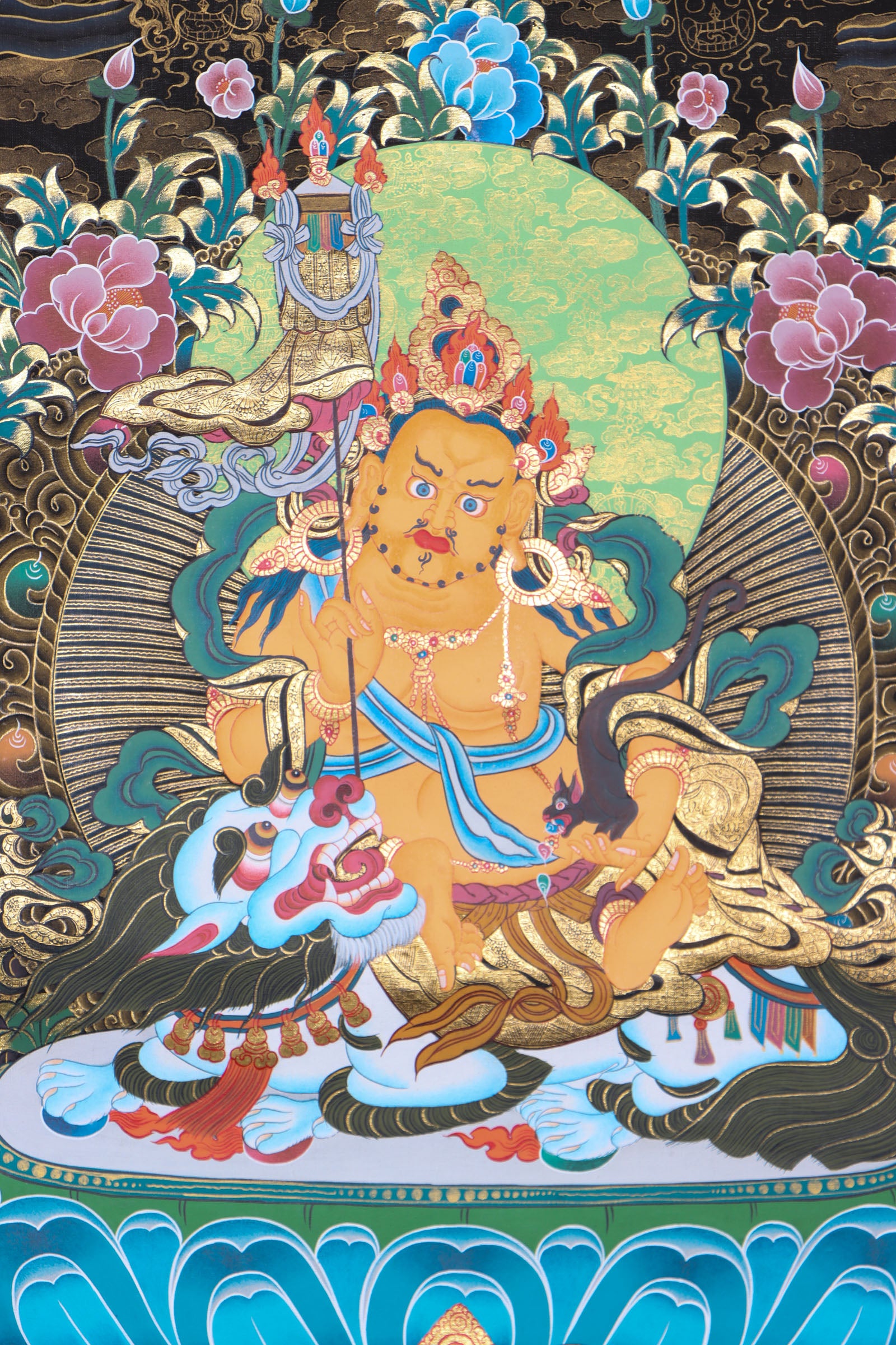 Namtse Zambala, also known as Singh Zambala, is a powerful wealth deity in Tibetan Buddhism who symbolizes abundance, prosperity, and success. This genuine hand-painted Thangka depicts Zambala seated on a white lion throne, surrounded by auspicious symbols, and serves as a sacred tool for meditation, mantra recitation, and attracting both material and spiritual wealth.