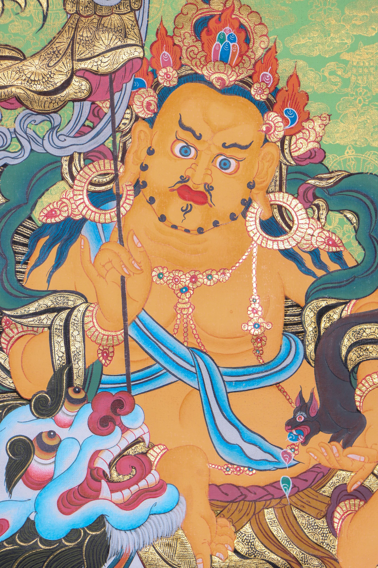 Namtse Zambala, also known as Singh Zambala, is a powerful wealth deity in Tibetan Buddhism who symbolizes abundance, prosperity, and success. This genuine hand-painted Thangka depicts Zambala seated on a white lion throne, surrounded by auspicious symbols, and serves as a sacred tool for meditation, mantra recitation, and attracting both material and spiritual wealth.