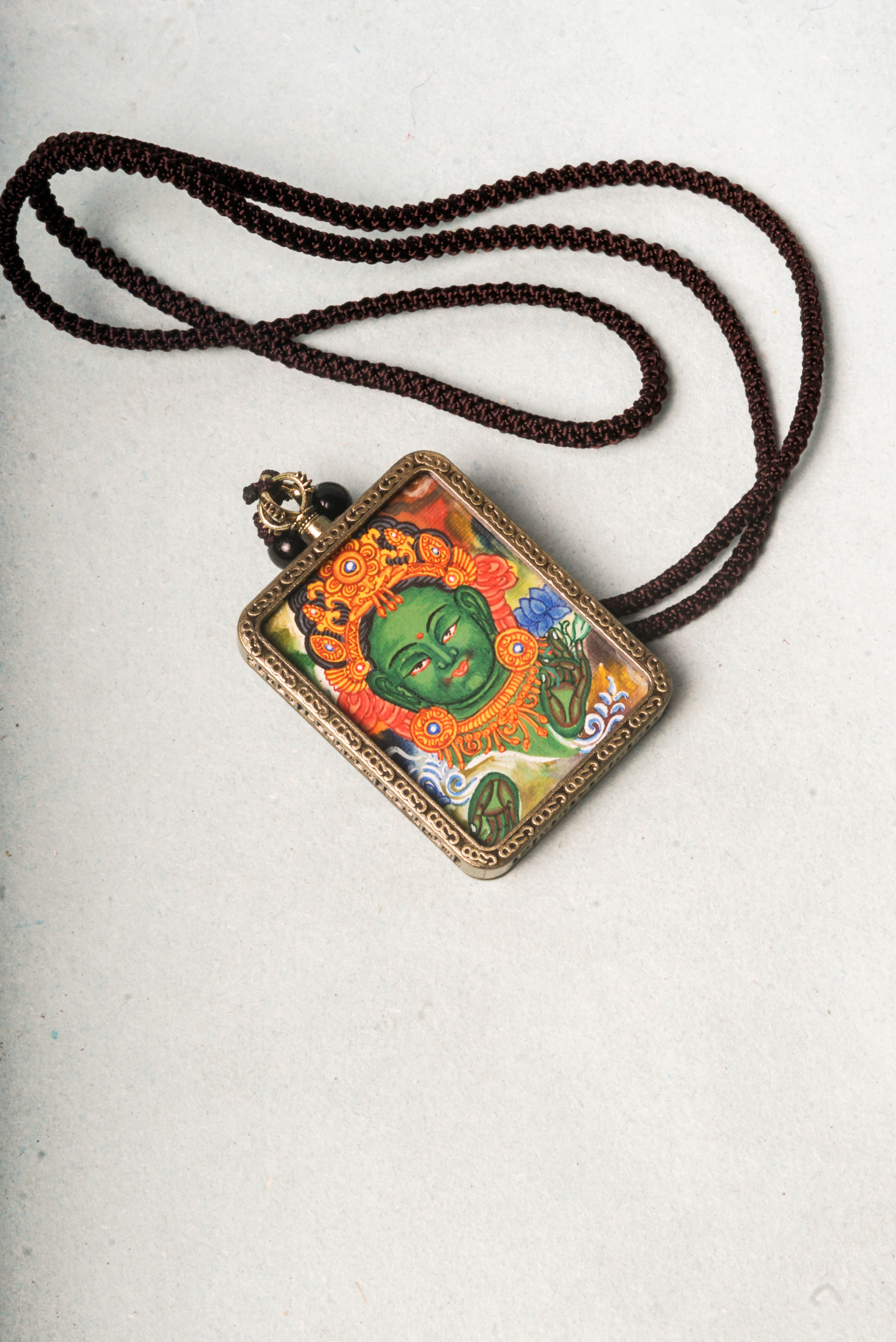 Locket Amulet Green Tara Thangka art for protection. Hand painted Green Tara Locket. 