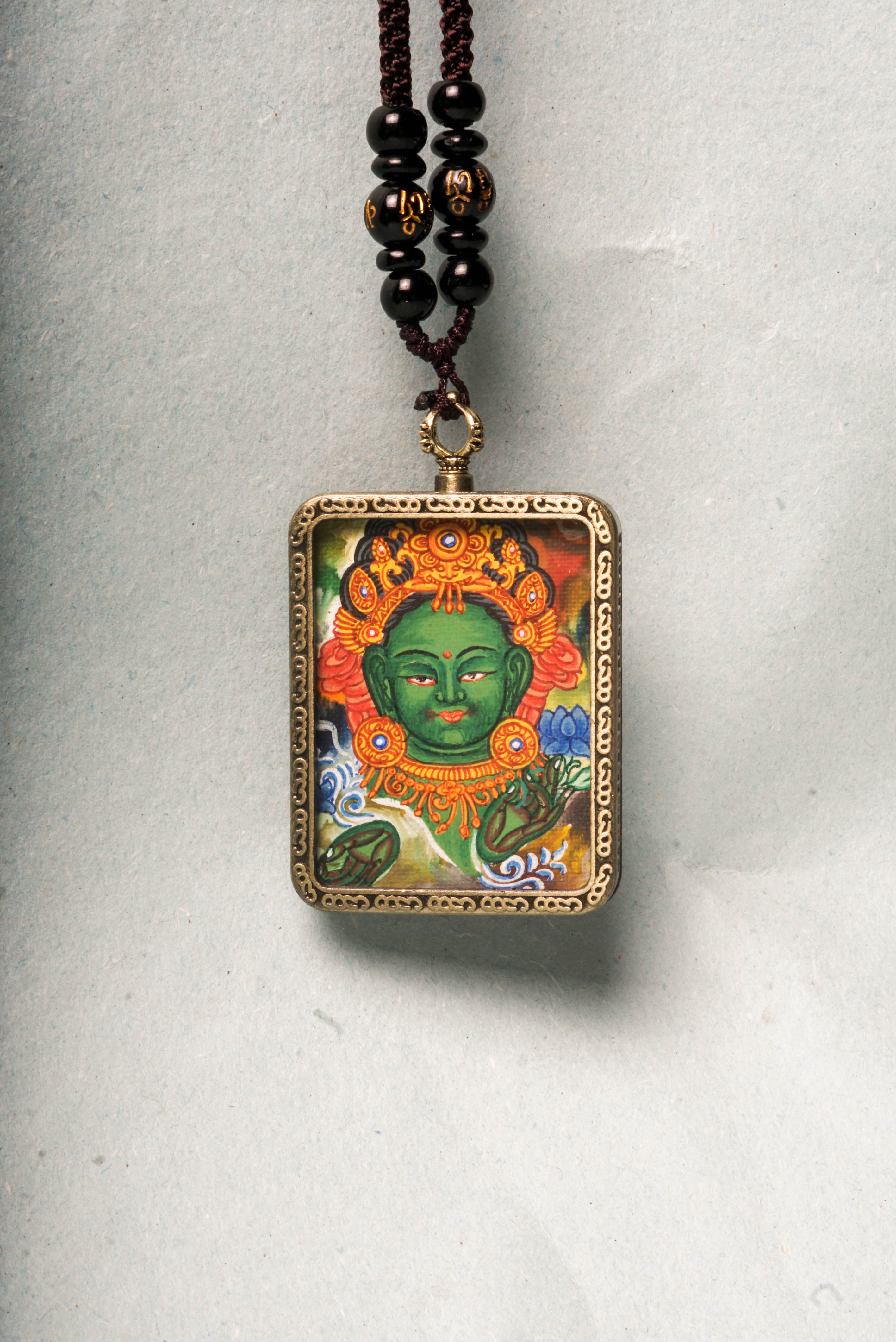 Locket Amulet Green Tara Thangka art for protection. Hand painted Green Tara Locket. 