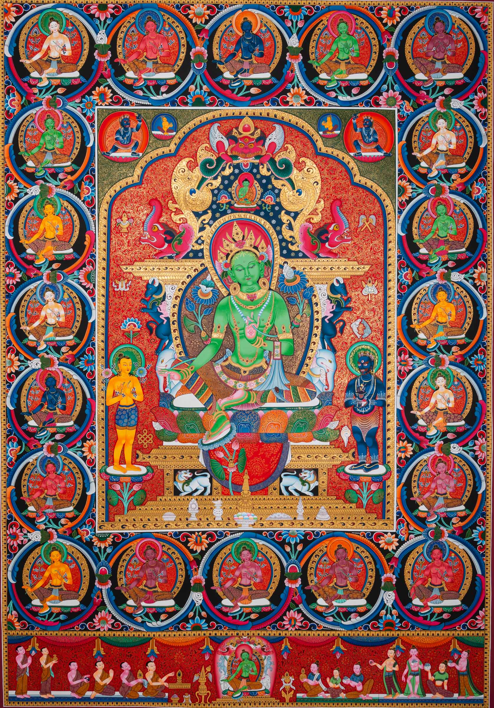 Exclusive Newari  Paubha 21 Tara Thangka featuring central Tara, two disciples, and many smaller Green Taras. A traditional Buddhist art piece hand-painted in Nepal. 