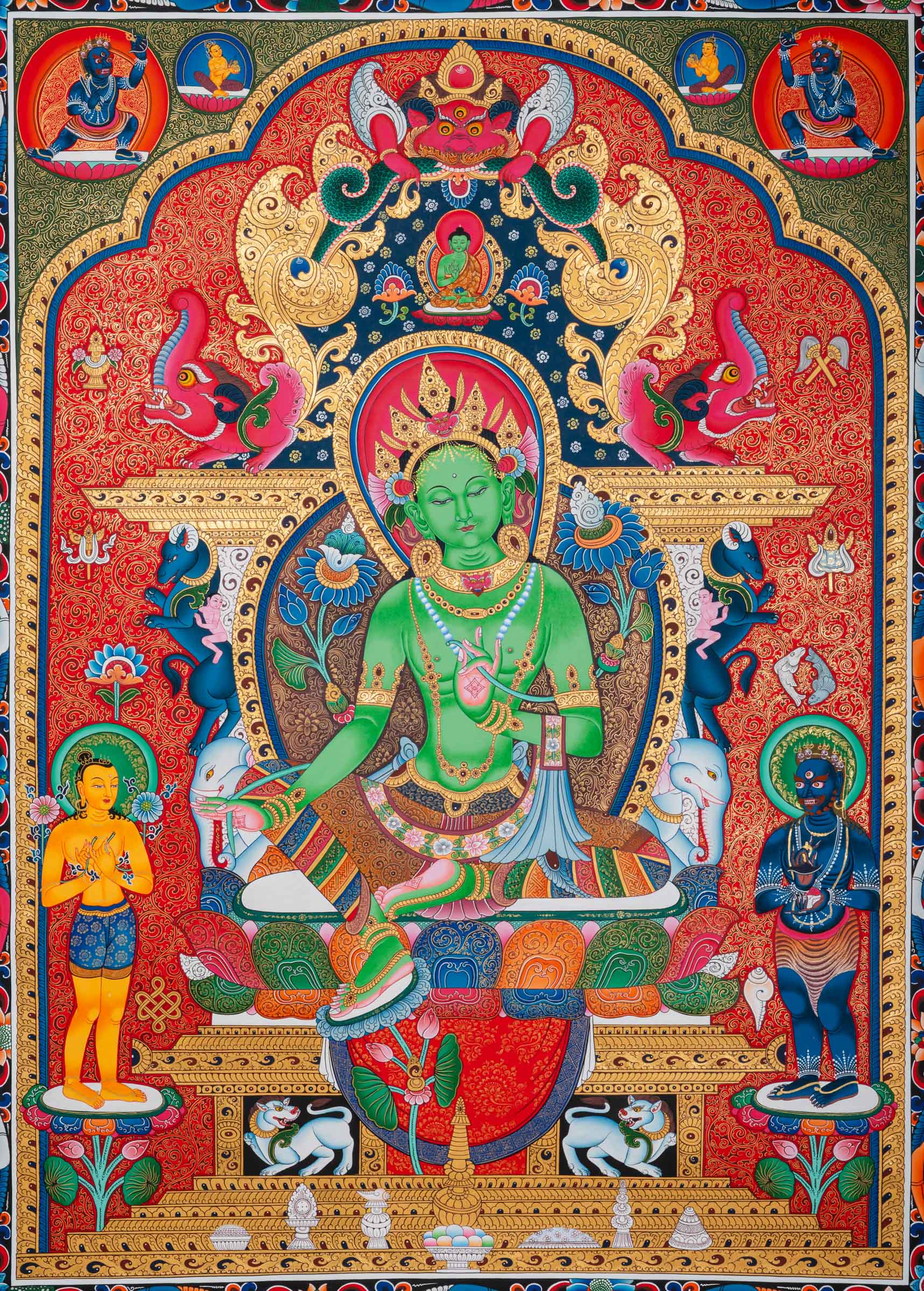 Exclusive Newari  Paubha 21 Tara Thangka featuring central Tara, two disciples, and many smaller Green Taras. A traditional Buddhist art piece hand-painted in Nepal. 